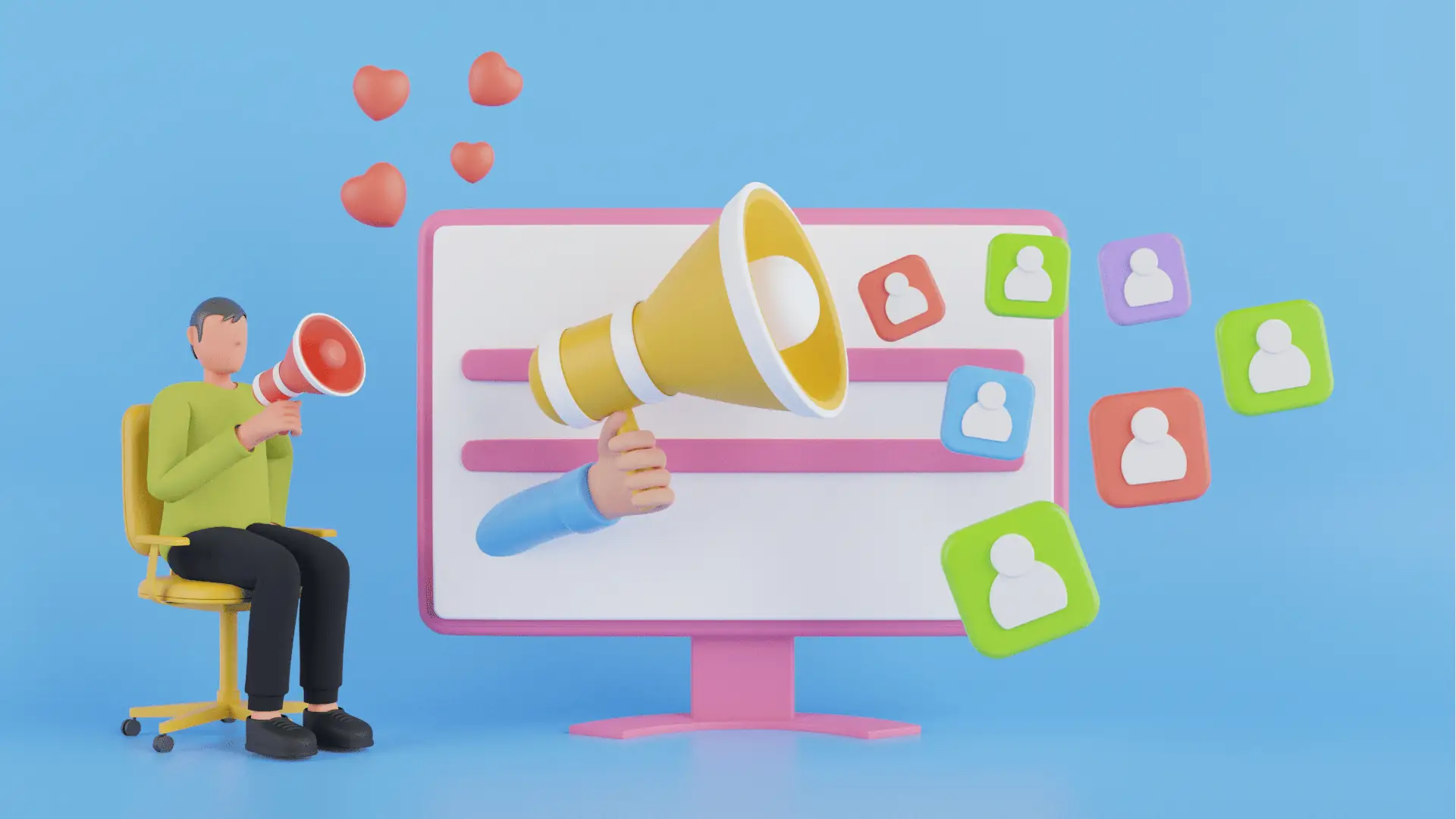Cartoon illustration of person with megaphone and monitor showing user icons for approval workflow