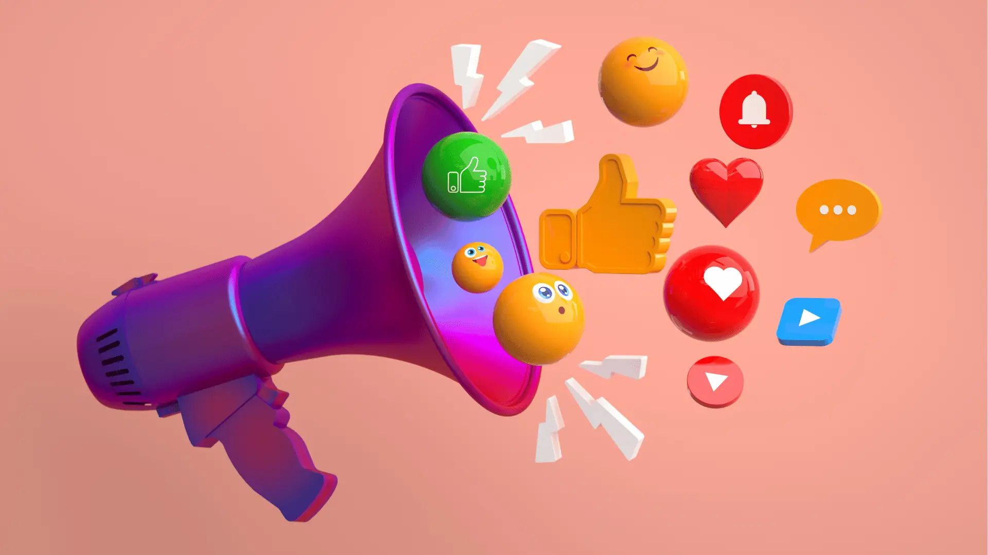 Purple megaphone projecting colorful 3D social media emojis and interaction icons for brand management