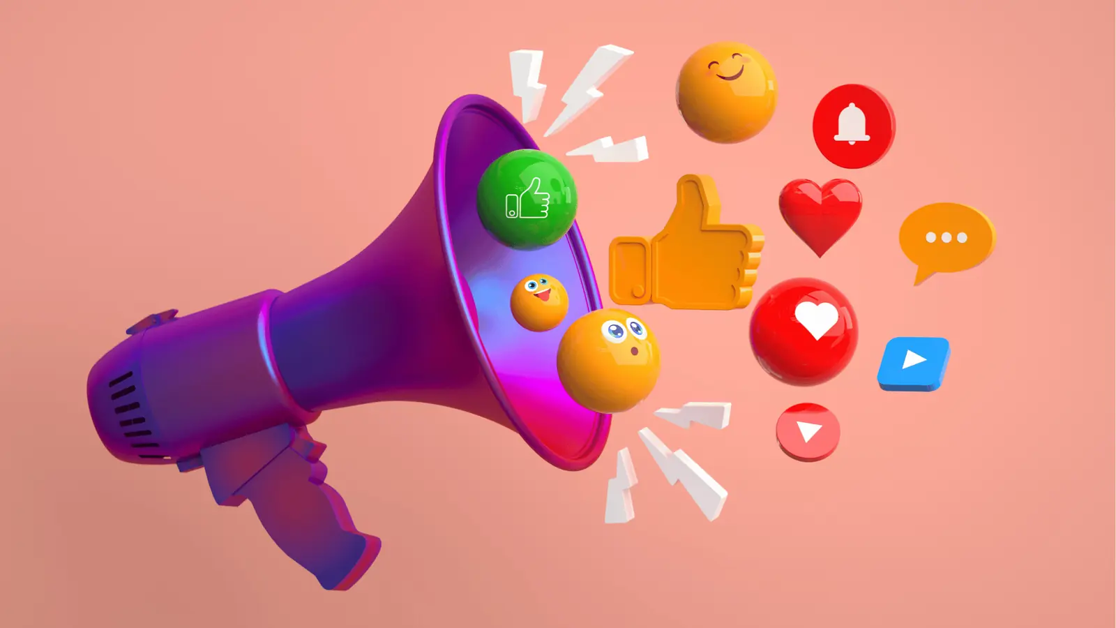 Purple megaphone with floating social media reaction icons and emojis for automation