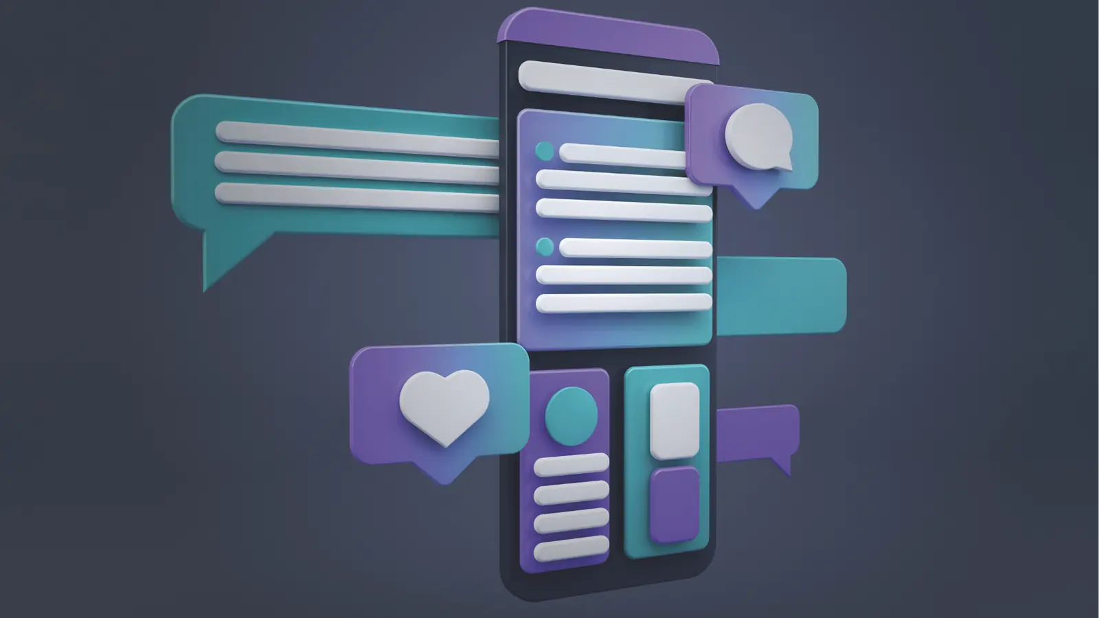 3D illustration of smartphone surrounded by chat bubbles and UI elements for scheduling