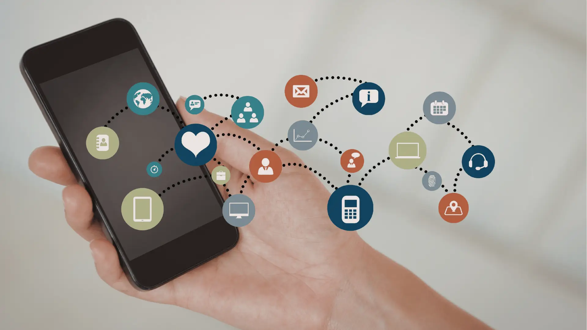 Hand holding smartphone with floating interconnected app and communication icons overlayed for AI-assisted workflow