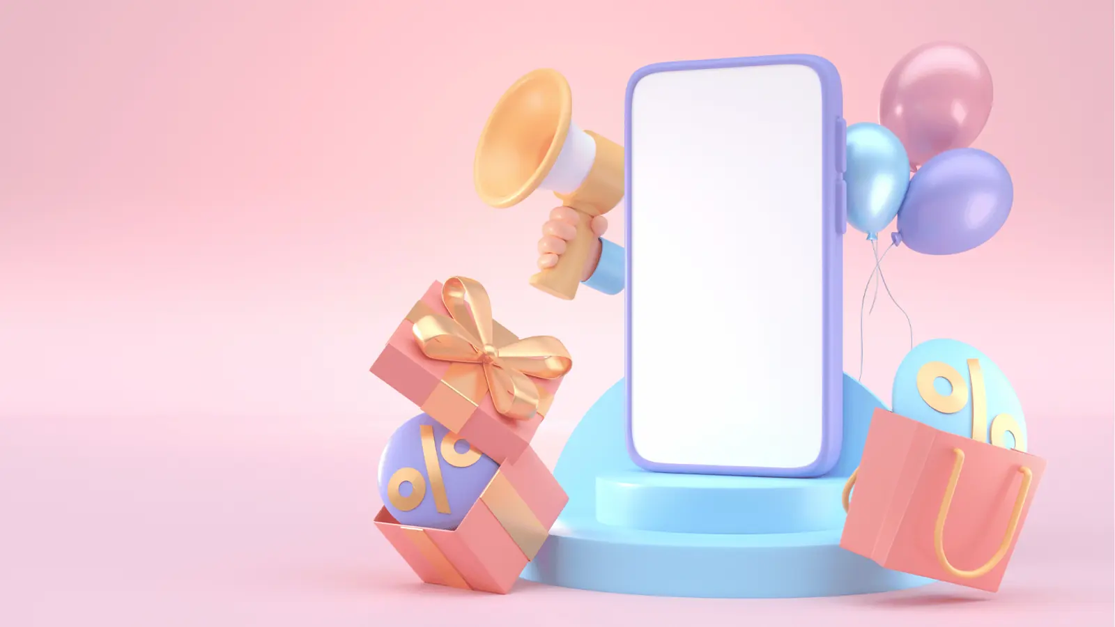Blank smartphone mockup with gifts, balloons, megaphone, and percent icons for workflow