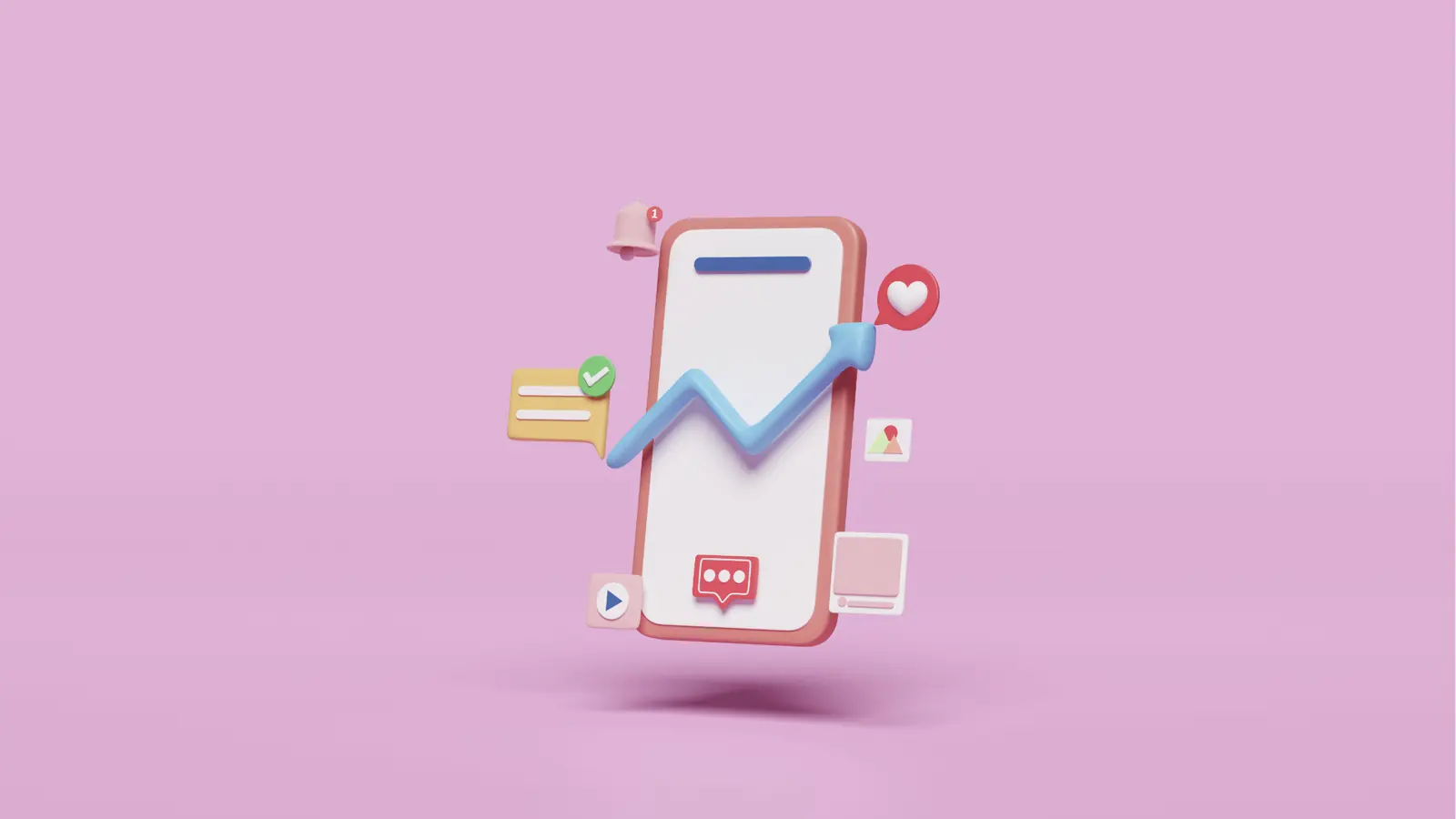 3D illustration of a smartphone with social icons and growth arrow
