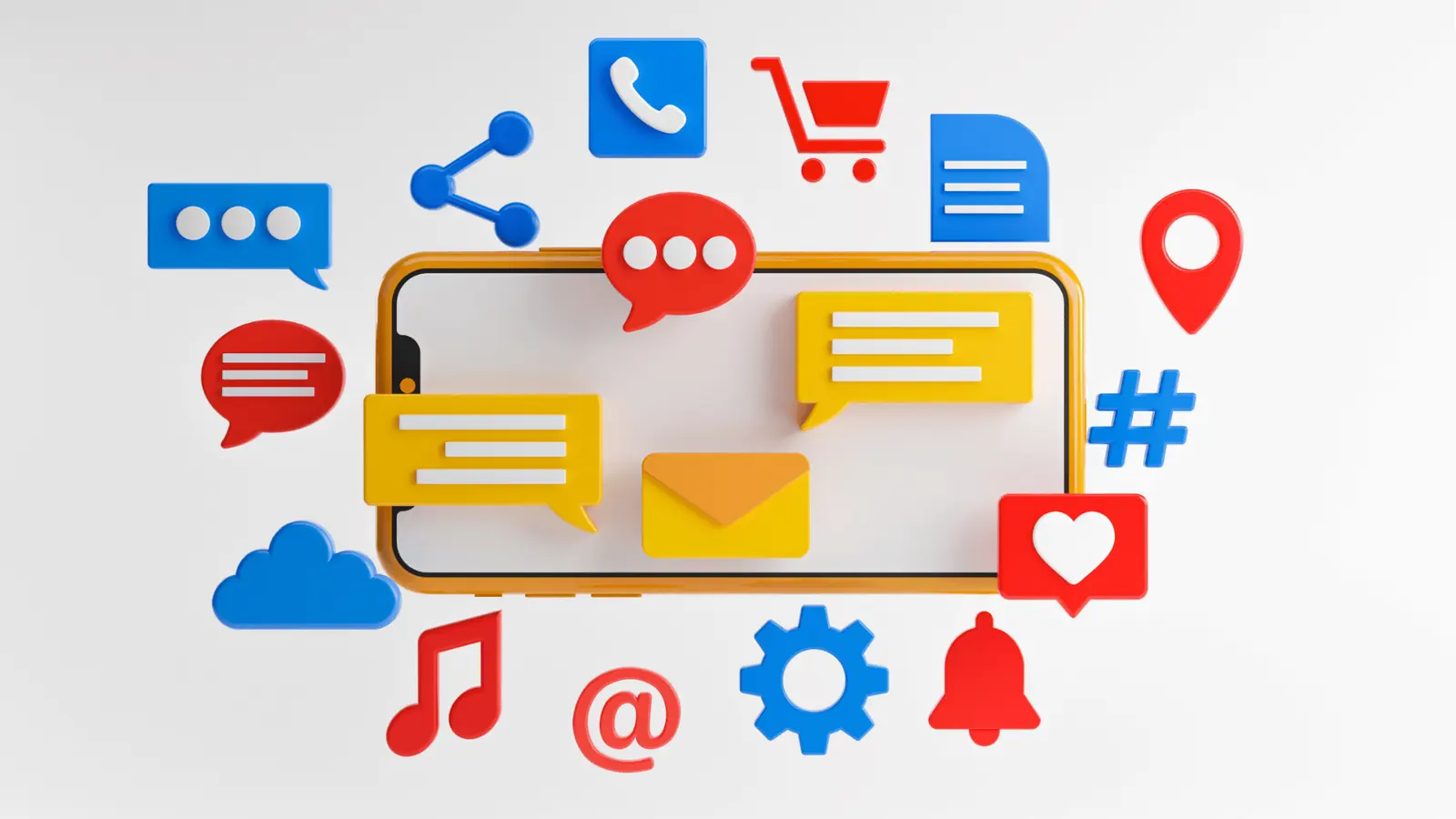 Smartphone surrounded by colorful social media and communication icons for AI-assisted workflow