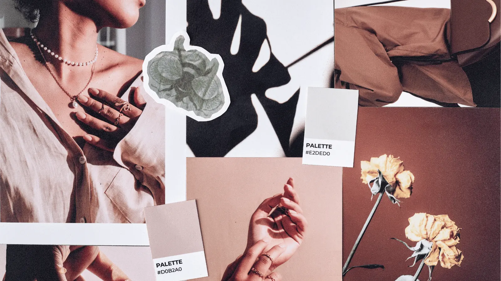 Collage moodboard with hands, jewelry, dried roses, and color swatches
