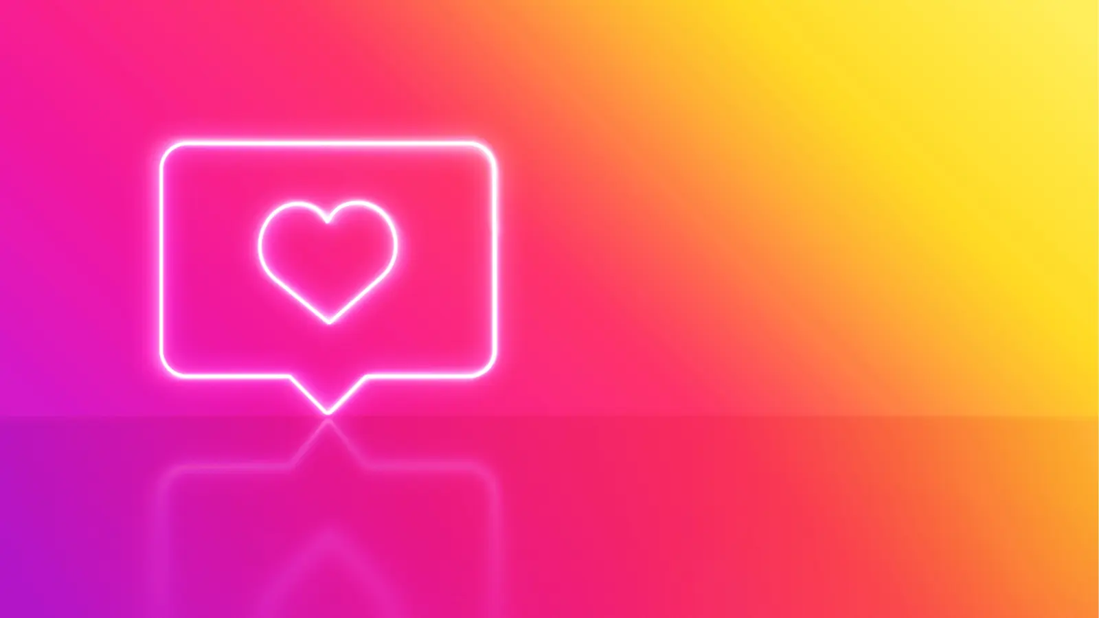Neon speech-bubble notification with heart on pink orange gradient background
