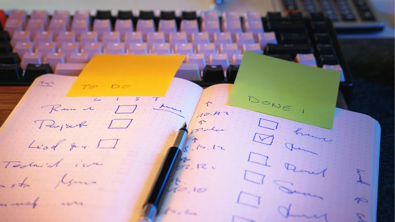 Open dotted notebook with handwritten checkboxes, pen, and yellow and green sticky notes