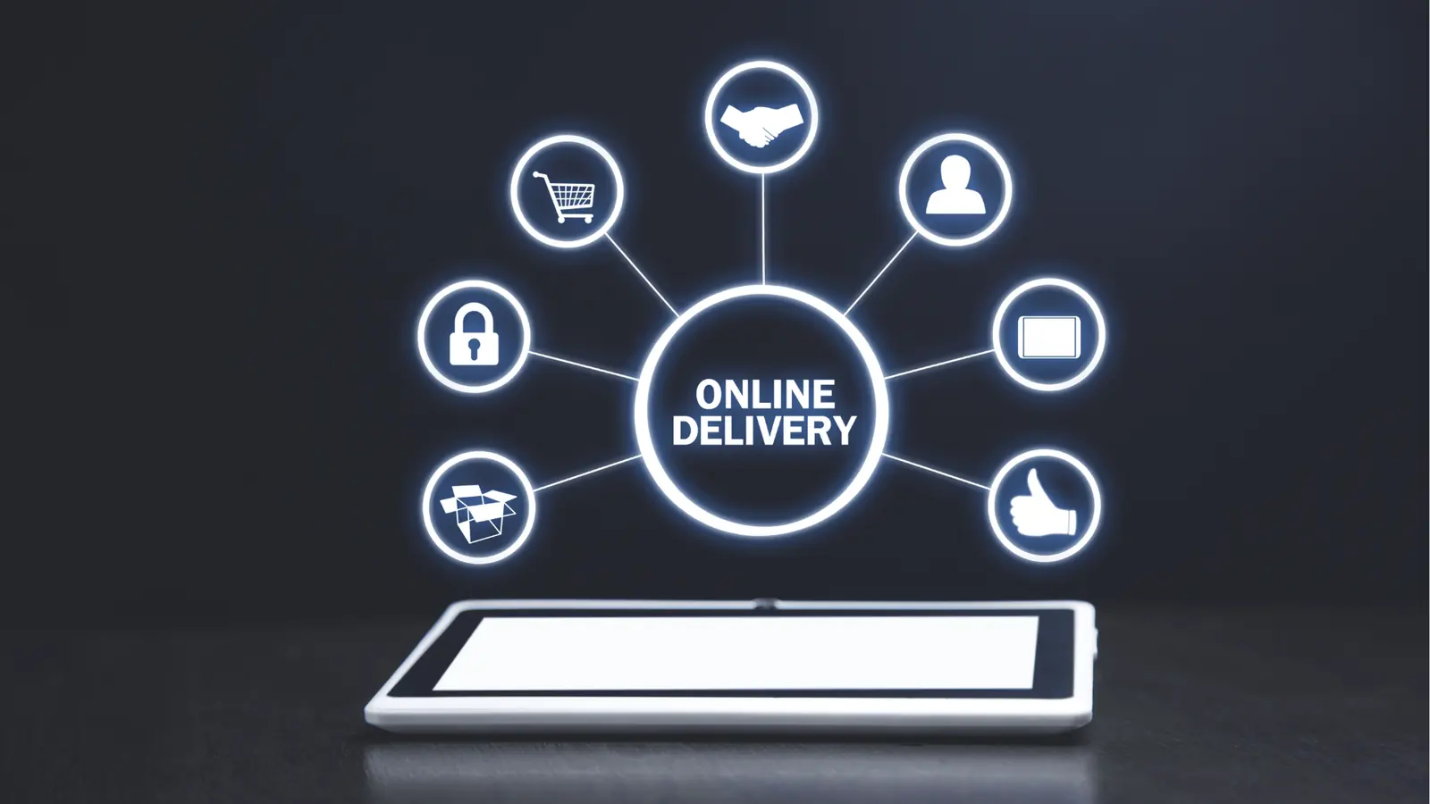 Tablet with glowing icons and central circle labeled online delivery for community management