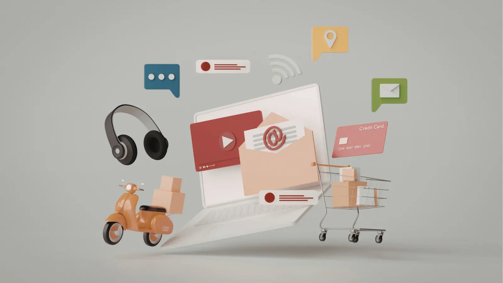 Laptop surrounded by shopping cart, scooter, credit card, envelope and icons