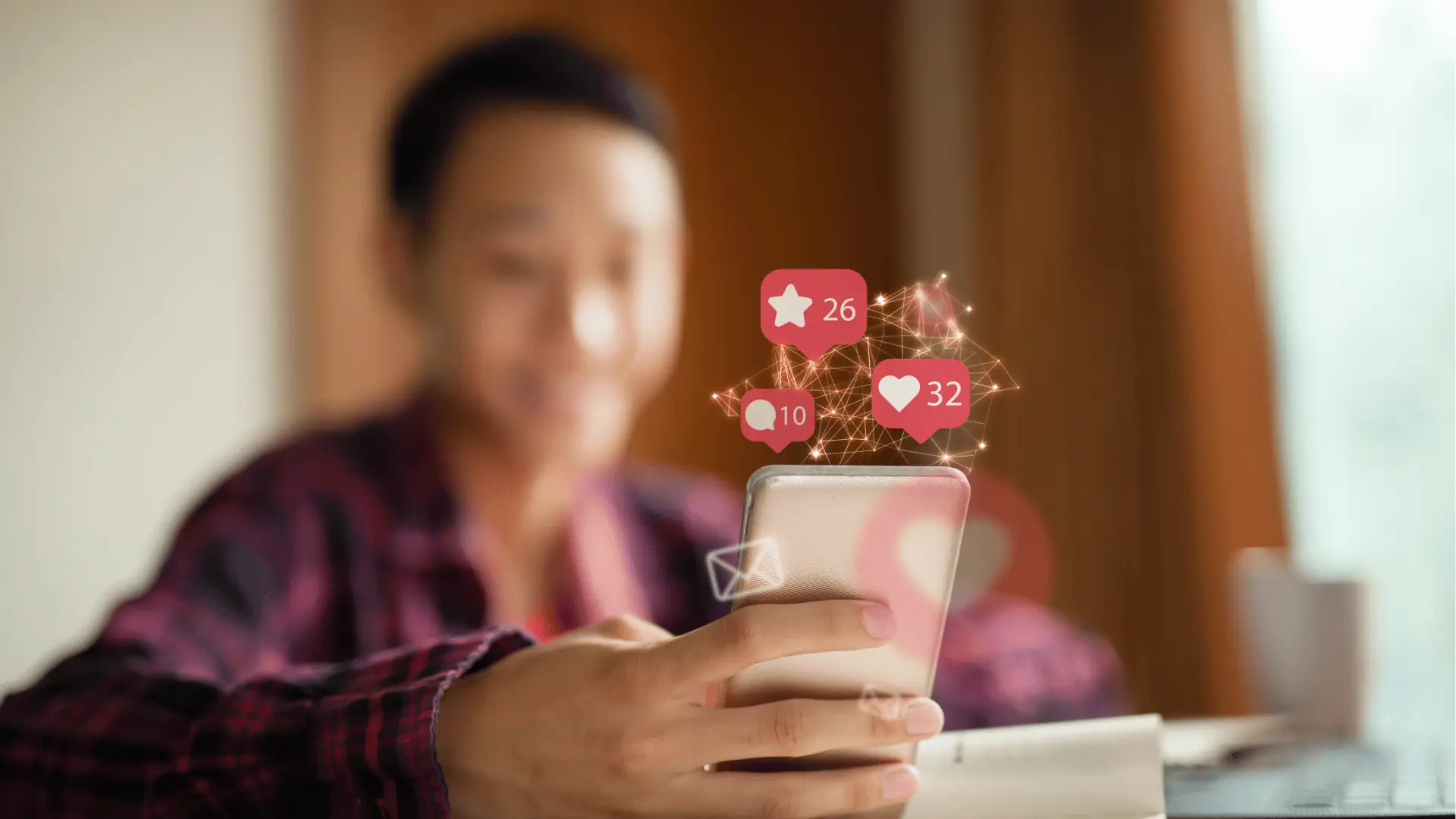 Blurred person holding smartphone with floating social media like and comment notifications for workflow