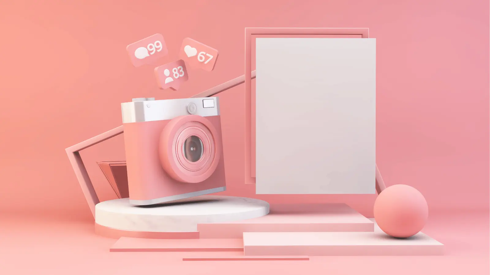 Pink 3D camera and floating social media notification icons beside blank white panel