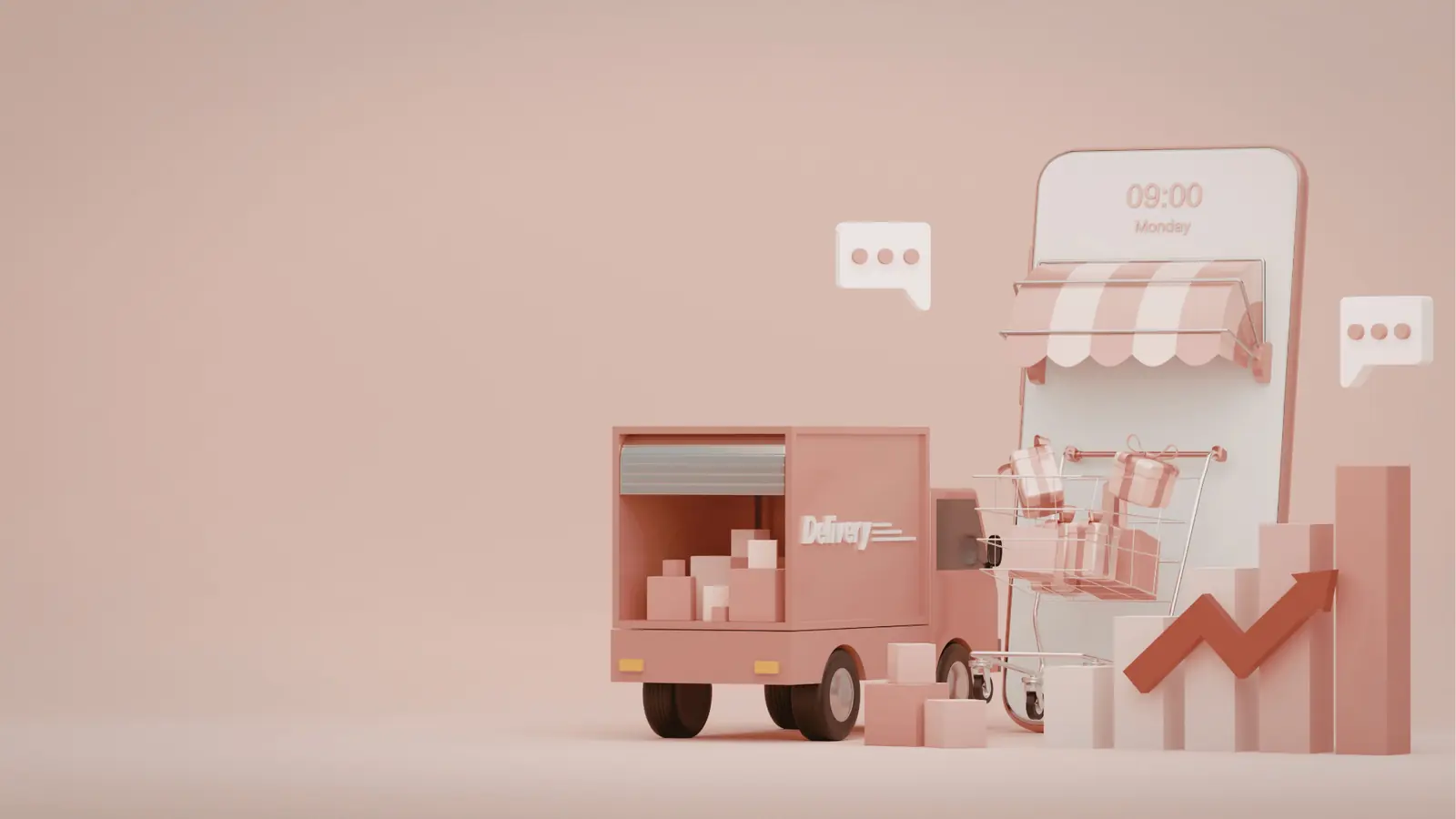 Monochrome pink 3D illustration of delivery truck, shopping cart, mobile storefront and growth chart for content review