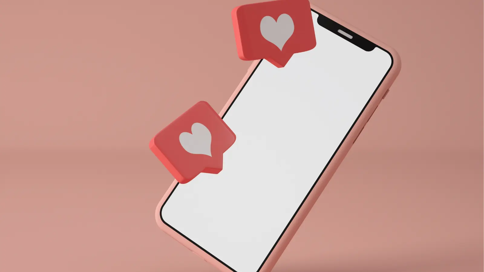 Pink smartphone with blank screen and floating heart like icons for community management