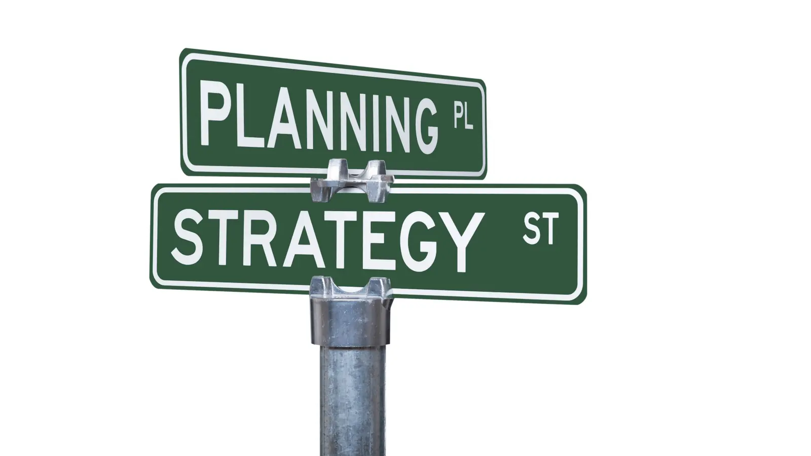 Green street signs reading PLANNING and STRATEGY on metal pole