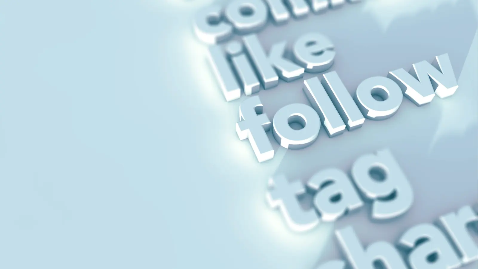 Close-up of raised social words follow, tag, like glowing on blue background
