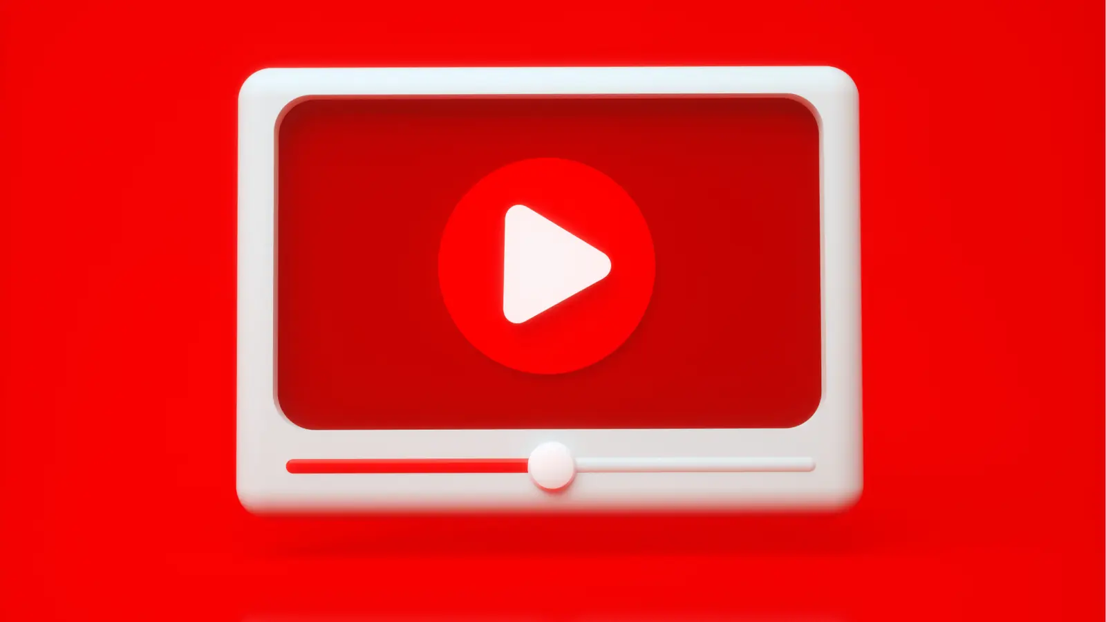 White 3D video player with red play button and progress scrubber