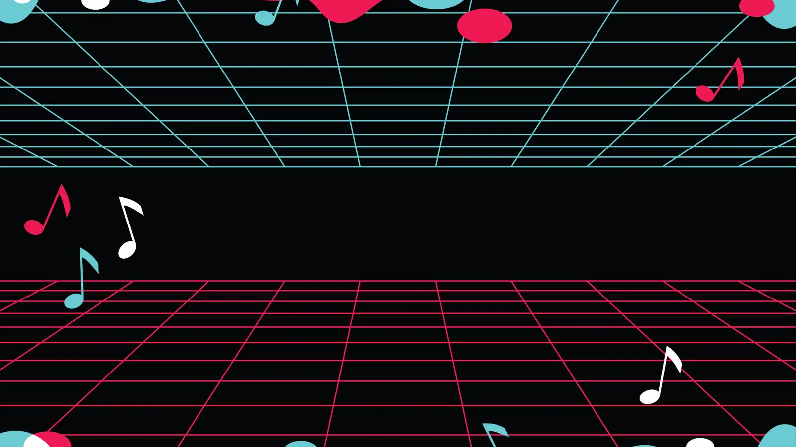 Retro neon grid background with floating colorful musical notes