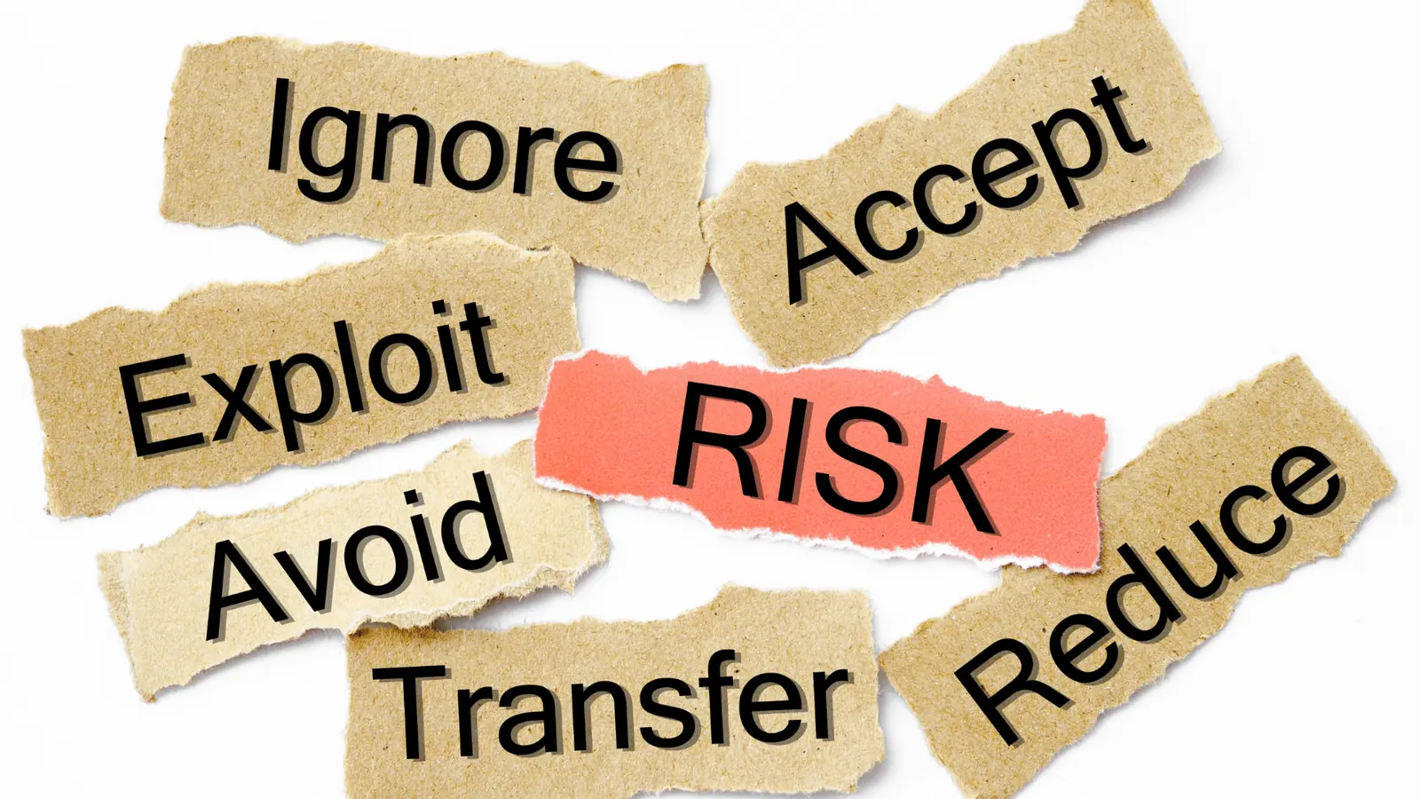 Torn kraft and red paper strips labeled with risk-related words around central 'RISK'