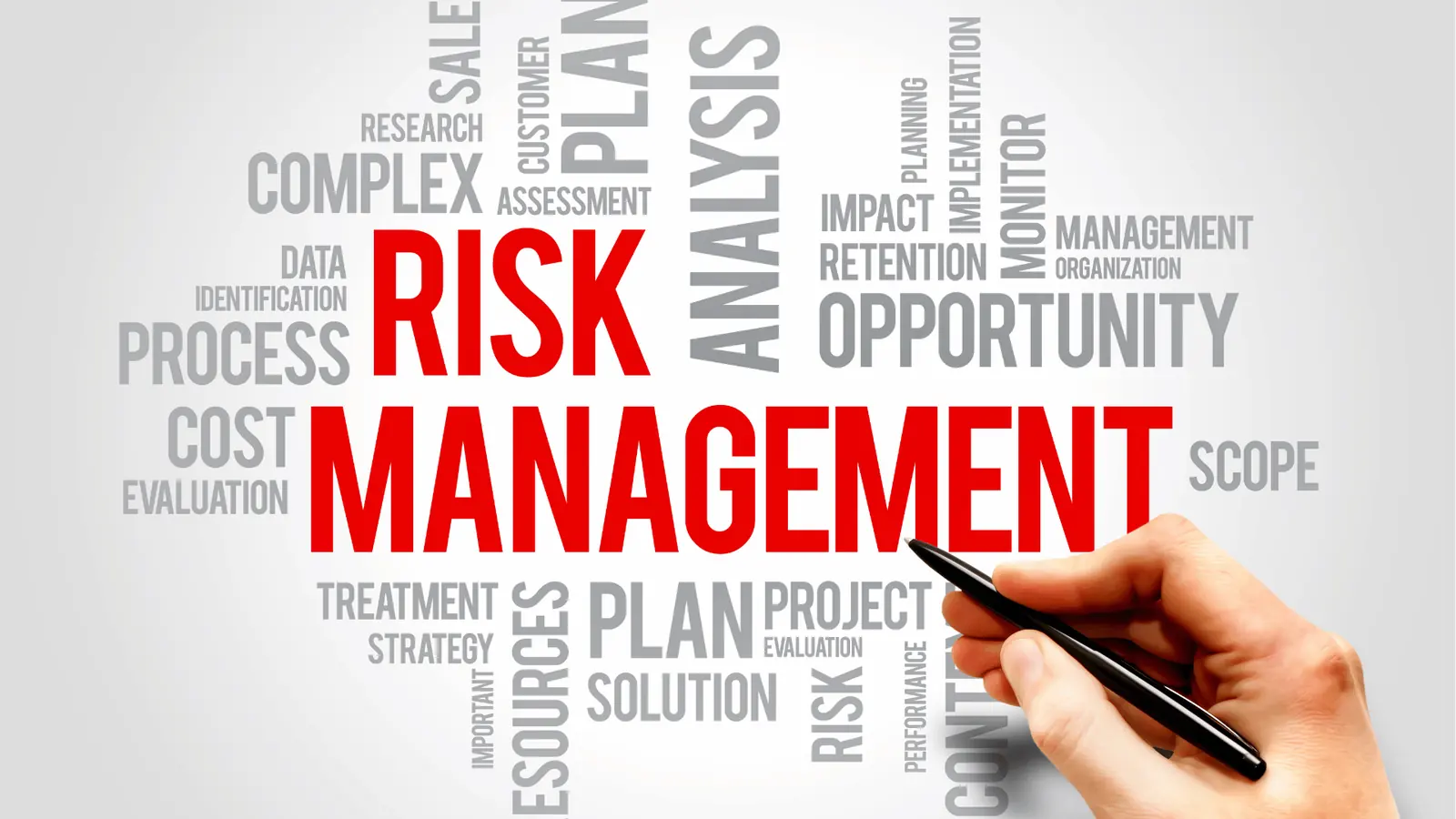 Hand with pen pointing at red 'Risk Management' word cloud graphic