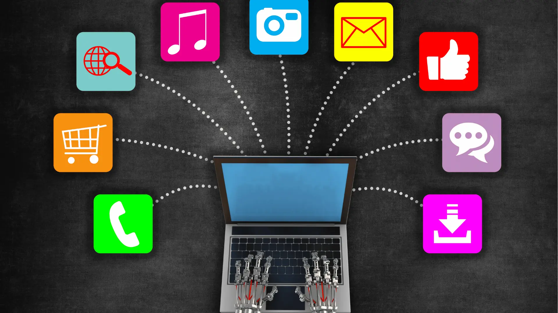 Robotic hands typing on a laptop with colorful app icons connected above for community management