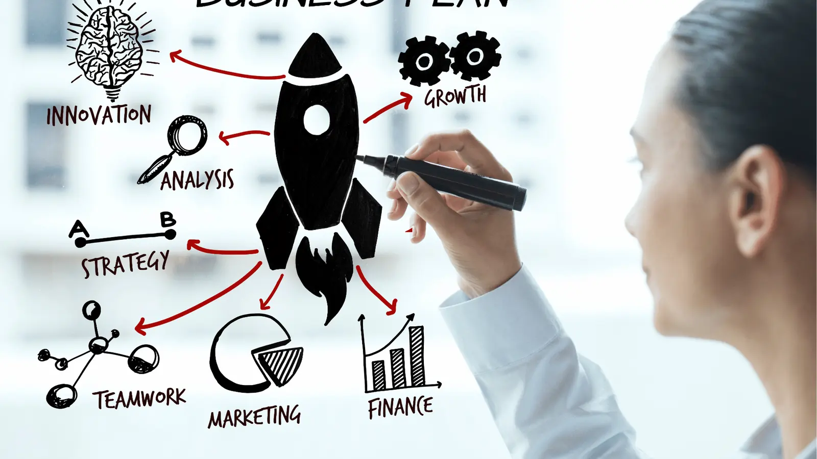 Person drawing a rocket and business plan doodles on a glass board