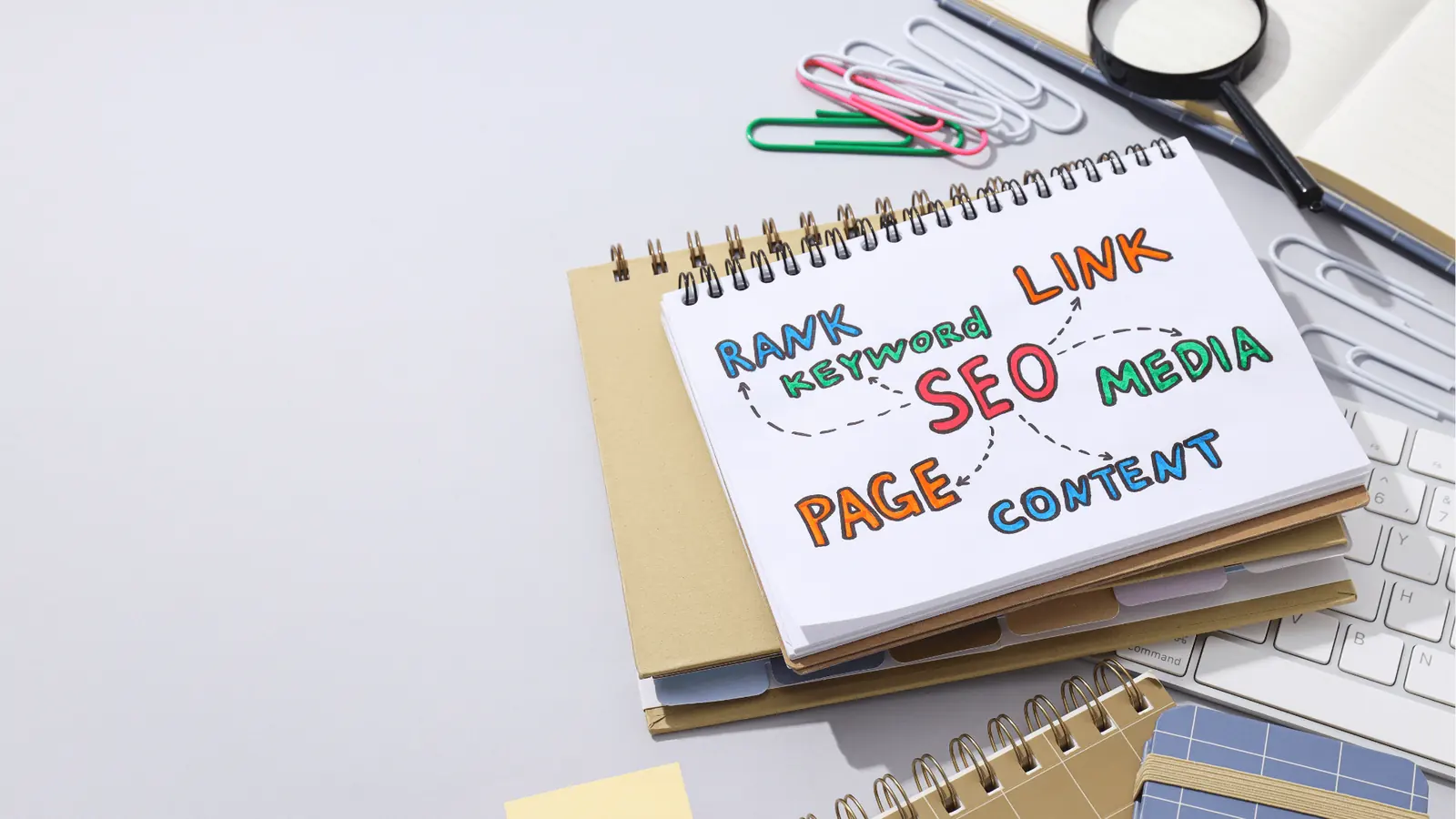 Spiral notebook on desk with colorful hand-drawn SEO mind map for ROI reporting