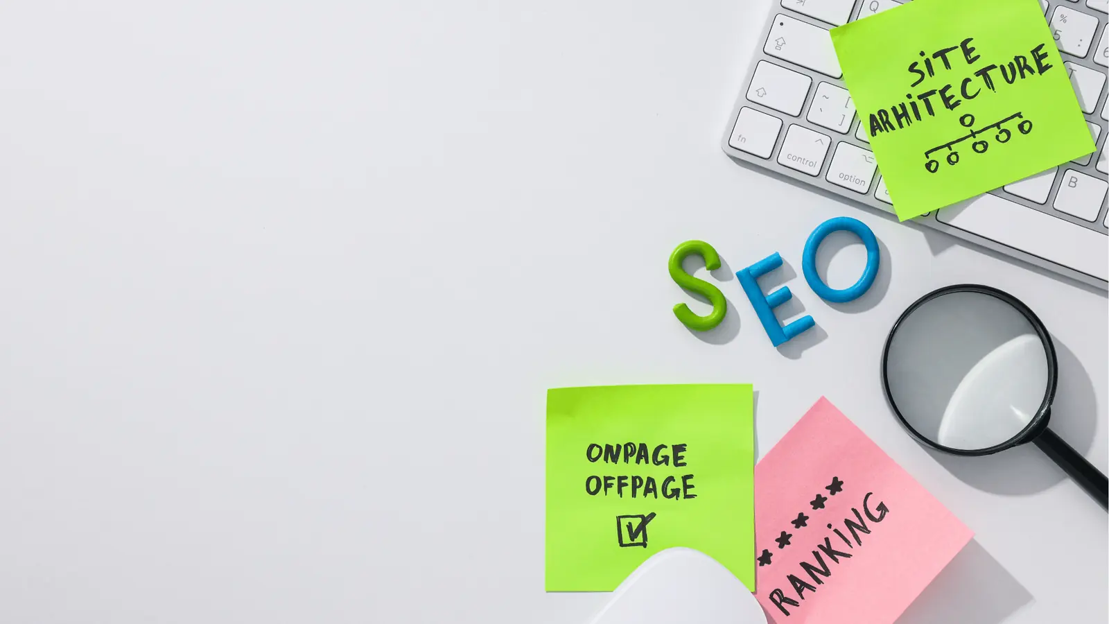 Flat lay of SEO sticky notes, keyboard, magnifier, and toy letters for brand management