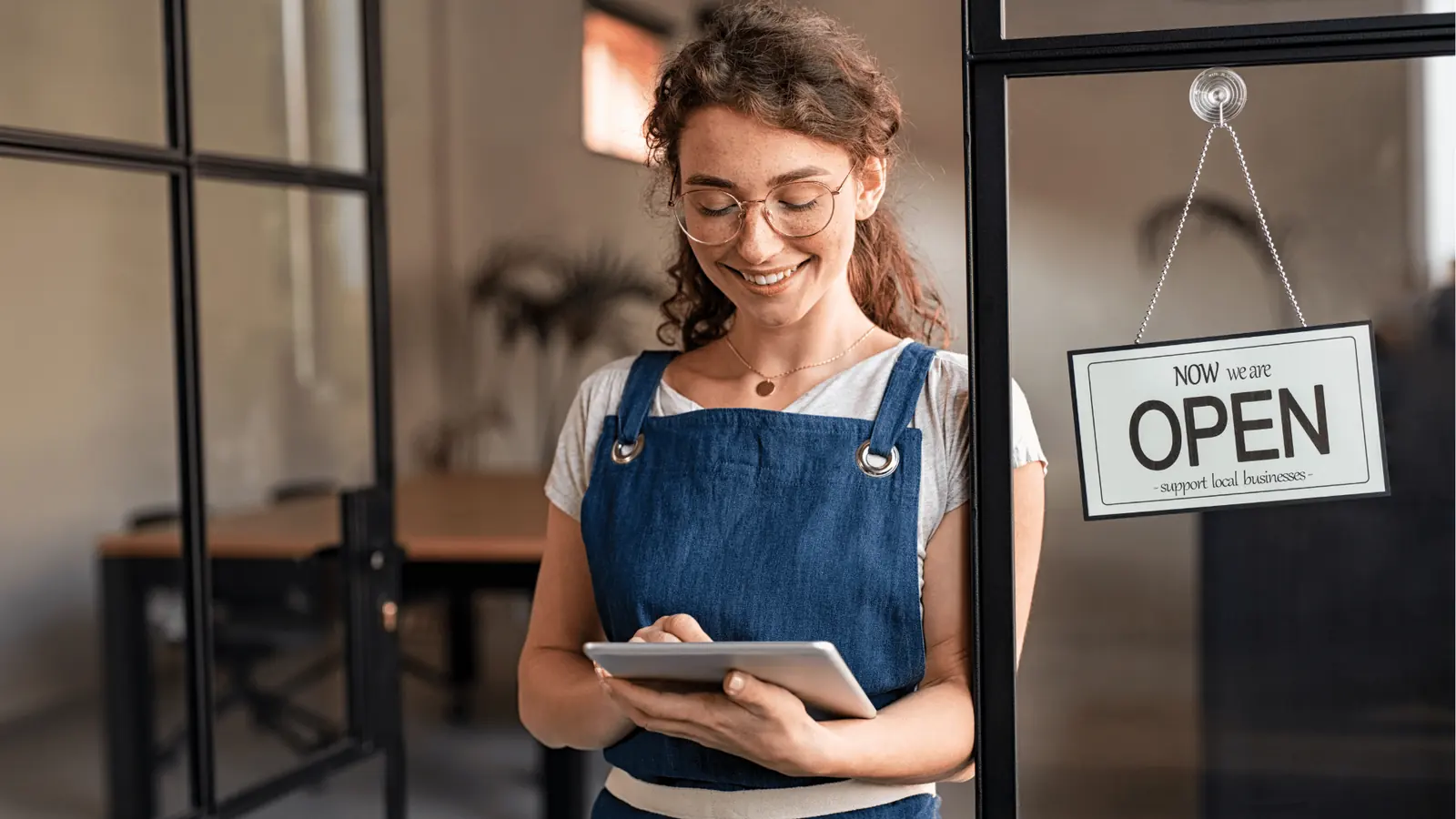 Smiling small-business owner holding an open sign