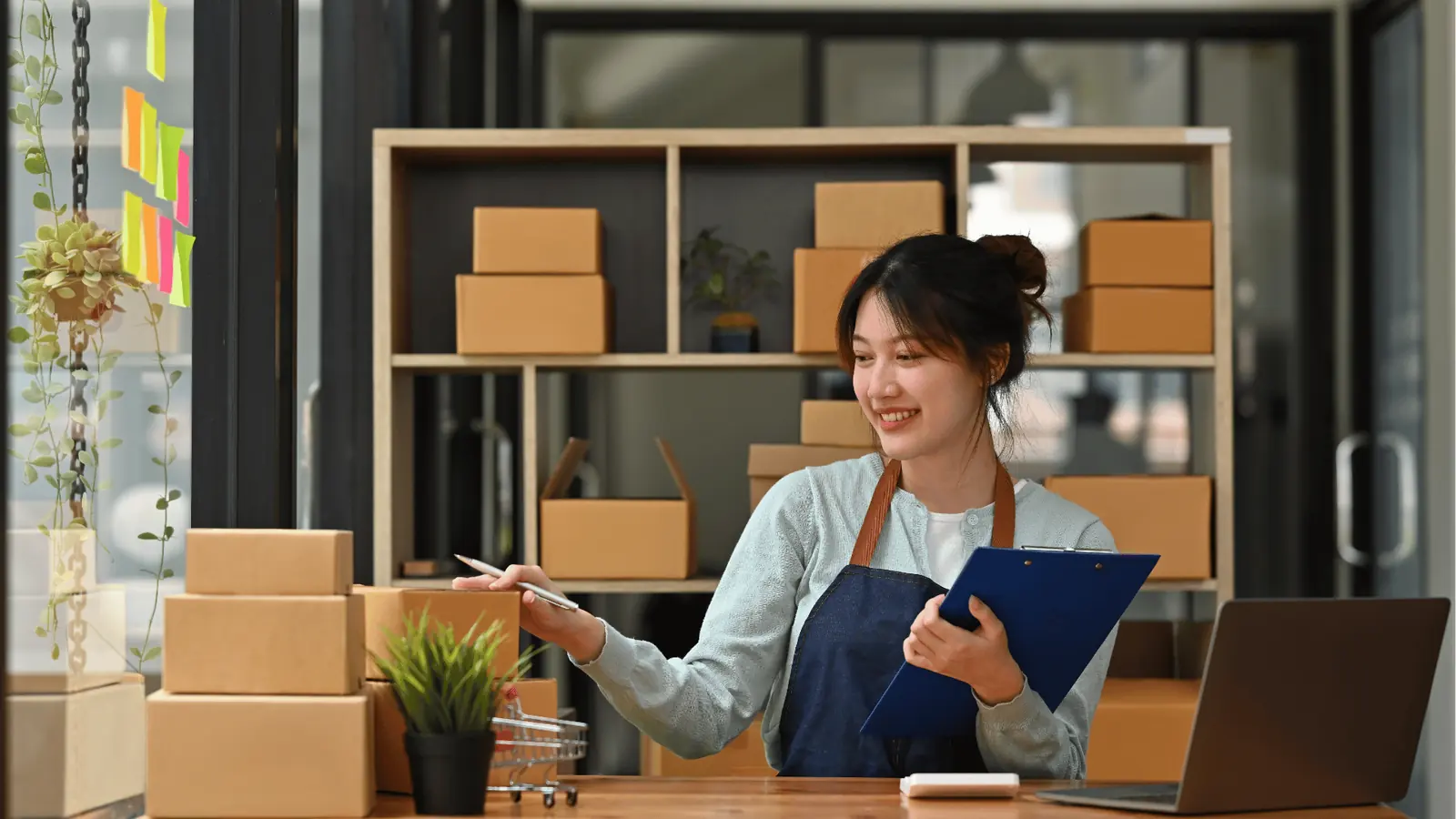 Woman at packing station surrounded by cardboard boxes holding a clipboard for publishing