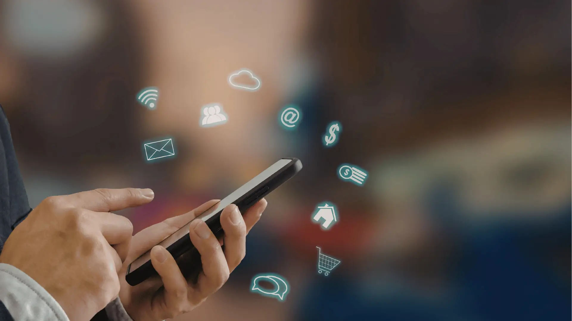 Hands holding smartphone with floating digital icons for communication and commerce for ROI reporting
