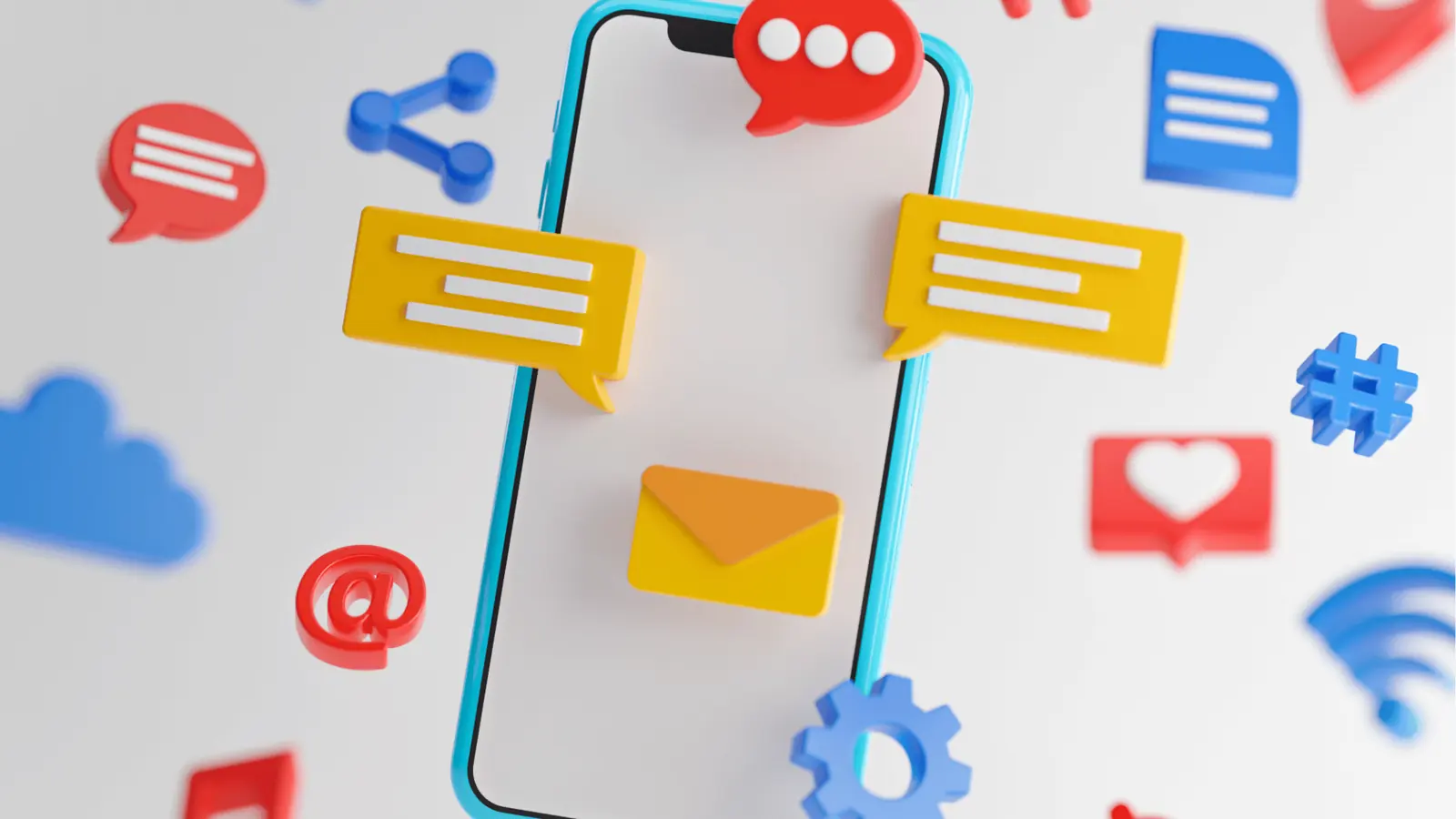 Smartphone surrounded by colorful social media icons and floating message bubbles