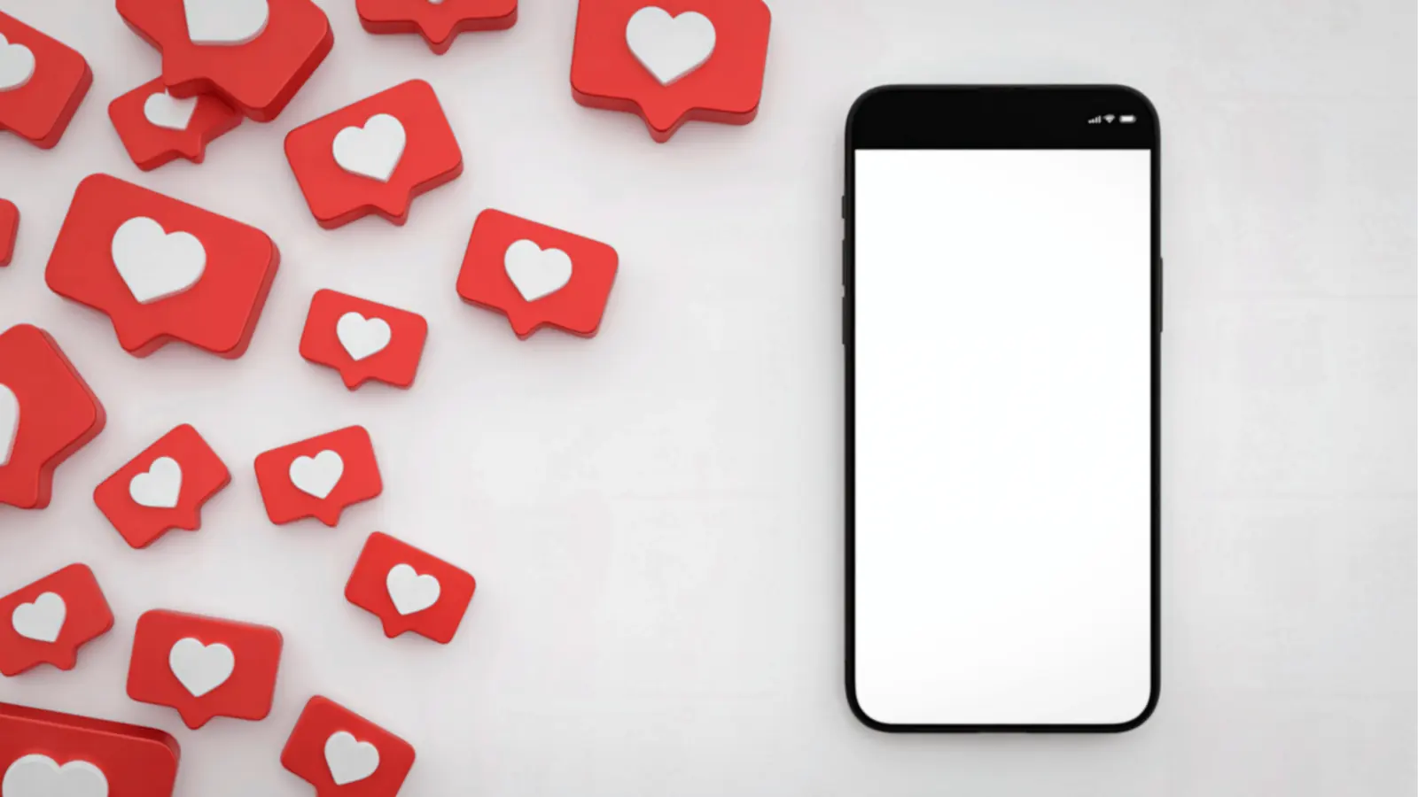 Blank smartphone screen on right with scattered red heart like icons left for creative production