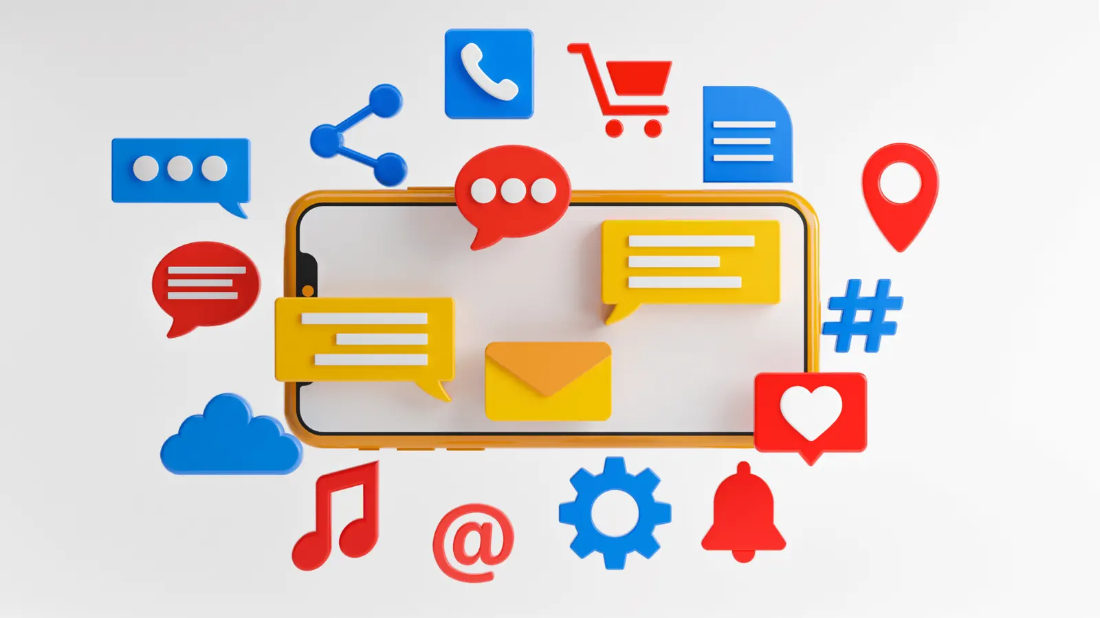 3D smartphone surrounded by colorful social media and message icons for campaign planning
