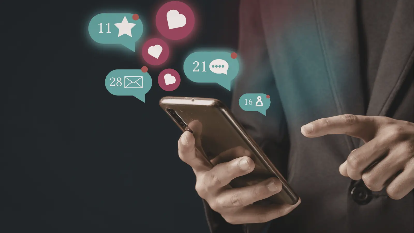Hands holding smartphone with floating social media notification icons and counts for content calendar