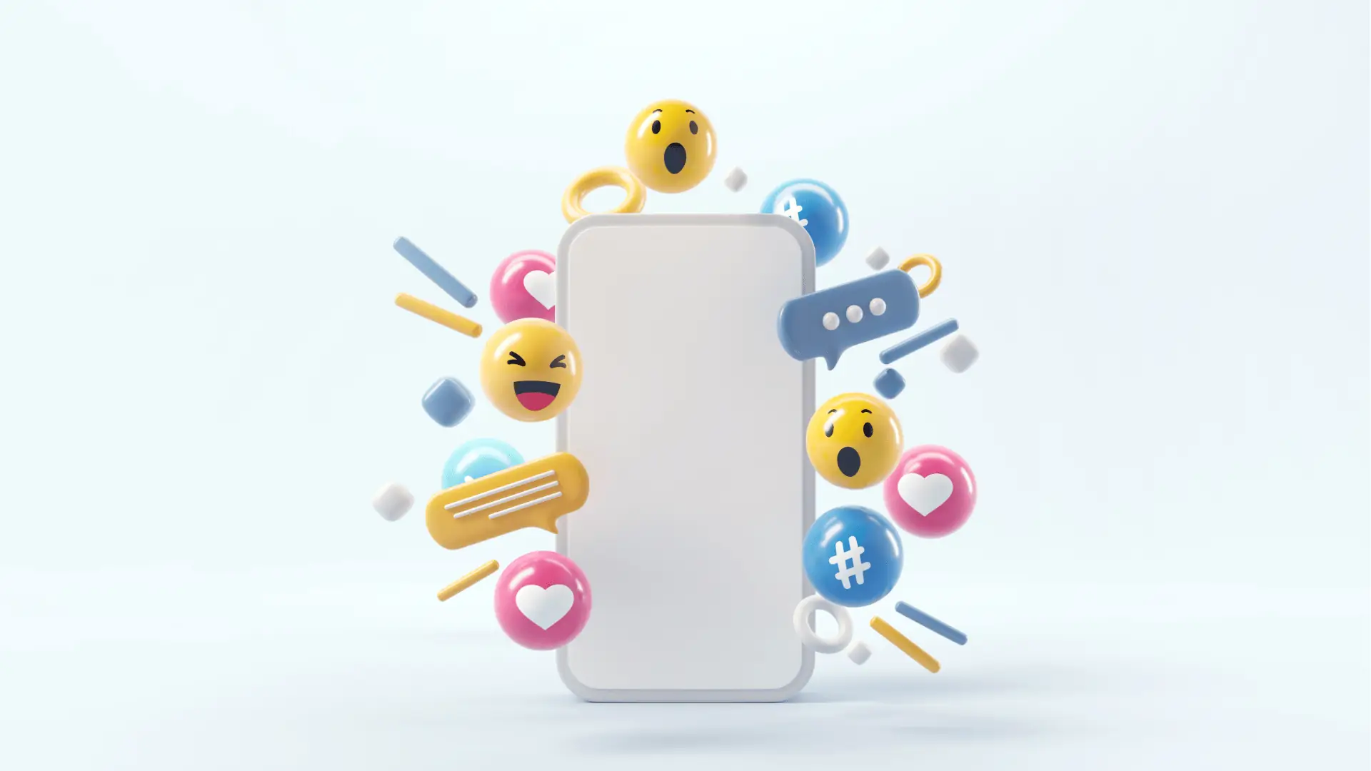 White smartphone surrounded by floating social media emojis and icons