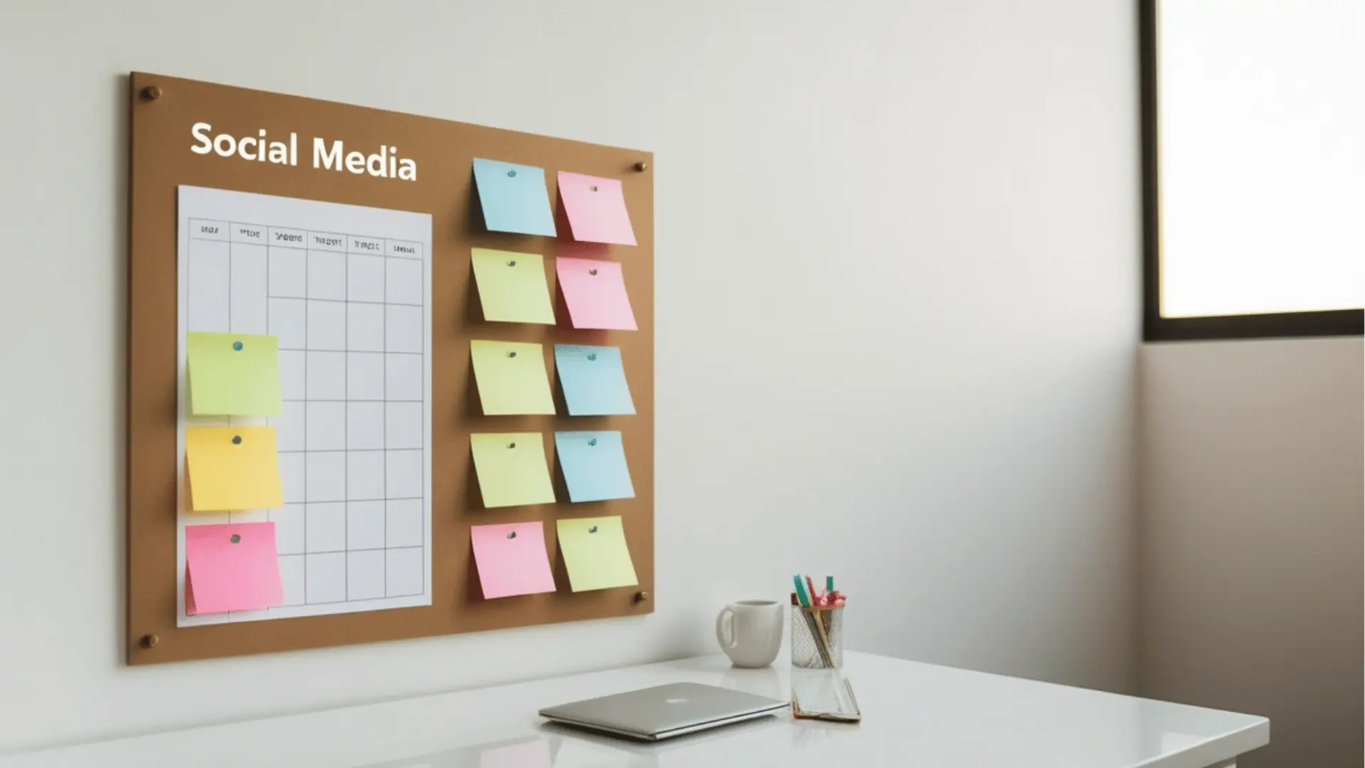 Cork board labeled Social Media with calendar and colorful sticky notes above desk for approval workflow