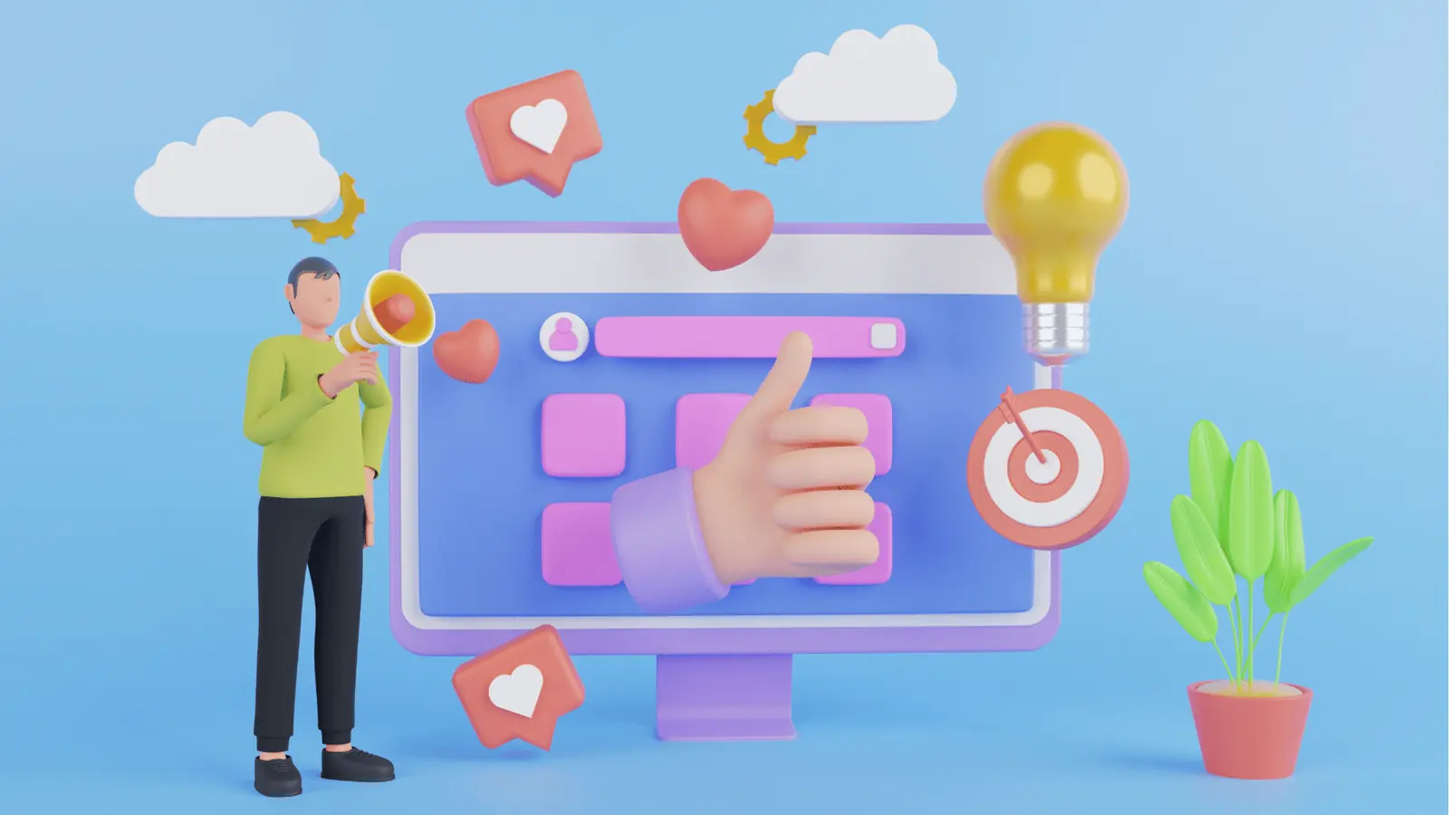 3D illustration of person with megaphone and monitor showing thumbs up for content calendar