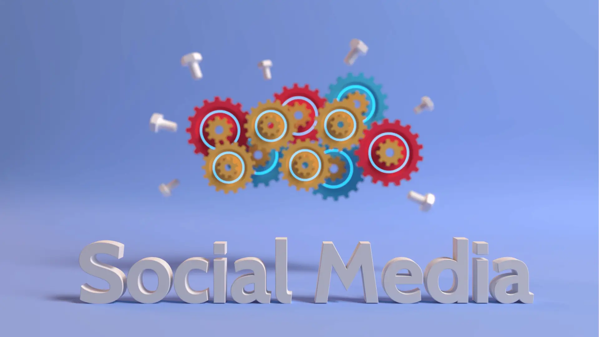 3D text reading 'Social Media' with colorful gears and floating bolts for automation