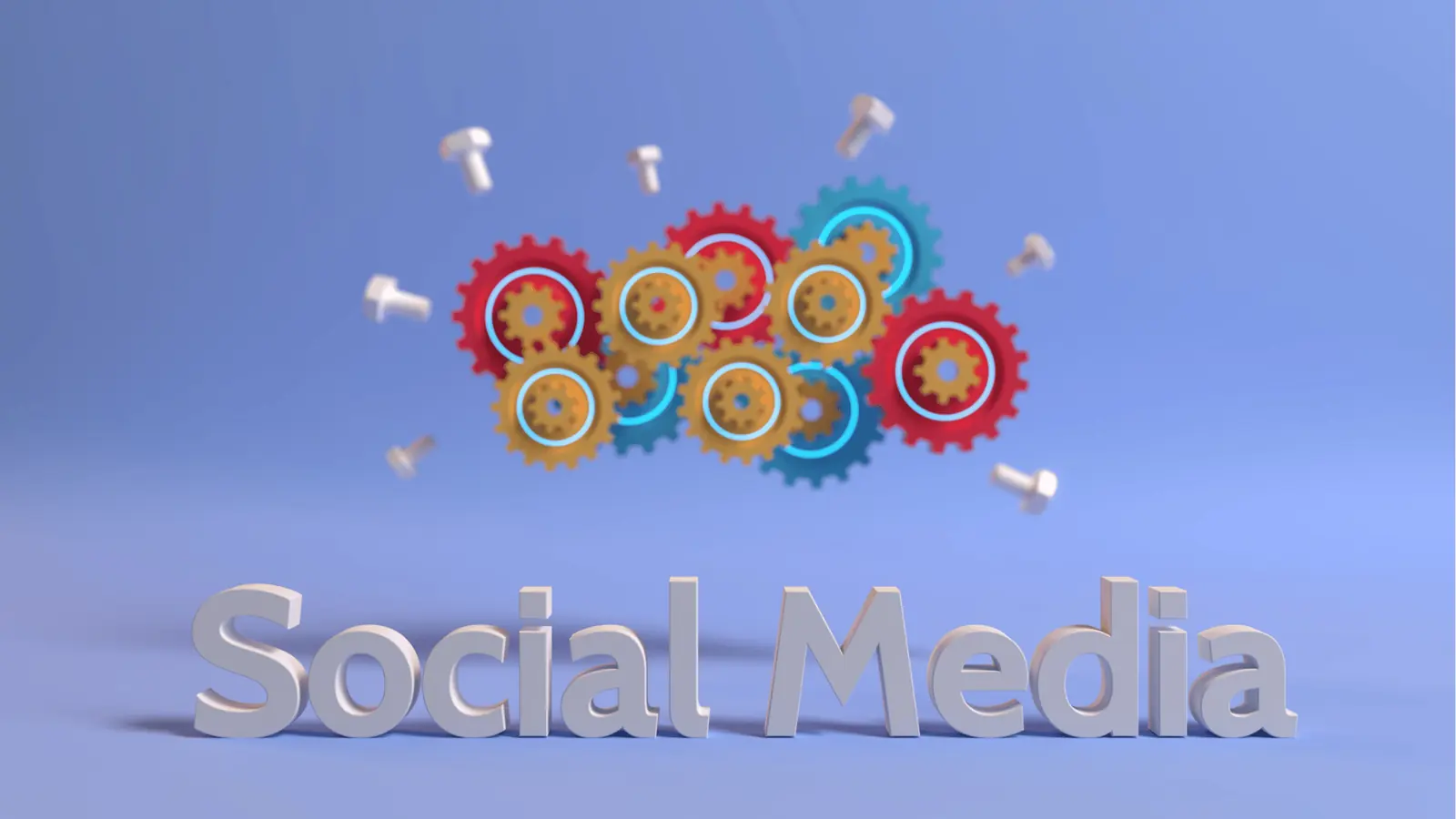 3D text Social Media with colorful floating gears and scattered bolts for campaign planning