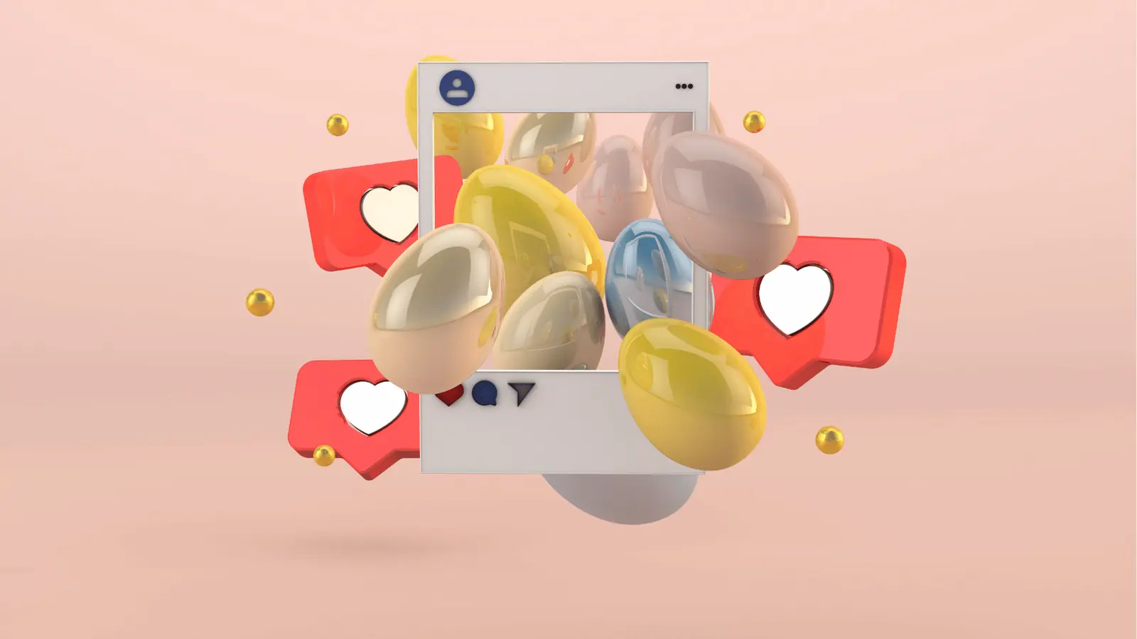 Three-dimensional social media frame with floating heart icons and glossy ovals for community management