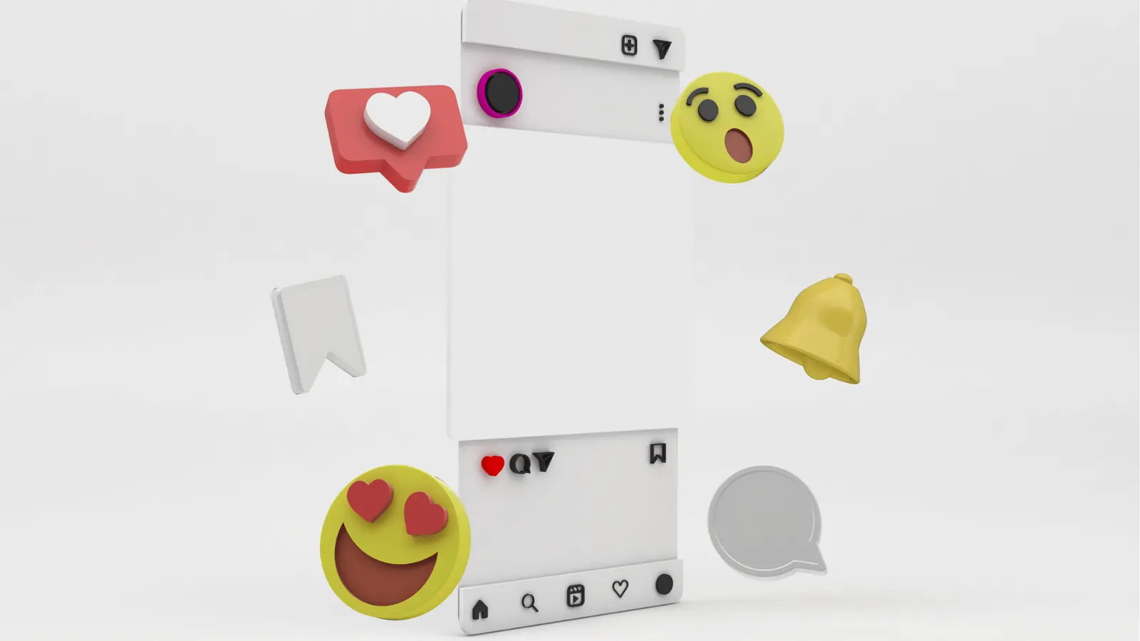 3D mockup of a blank mobile post surrounded by social icons and emojis for AI-assisted workflow