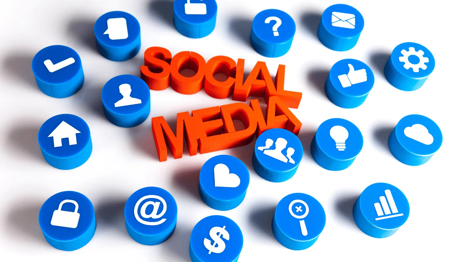 Orange three-dimensional text 'Social Media' surrounded by blue icon buttons with white symbols for automation