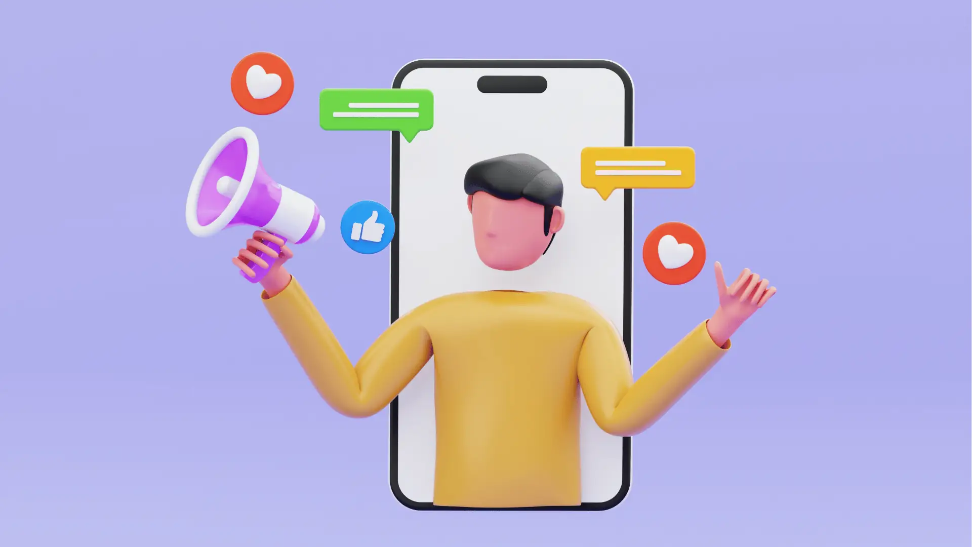 Cartoon person emerging from smartphone with megaphone and social icons for asset management