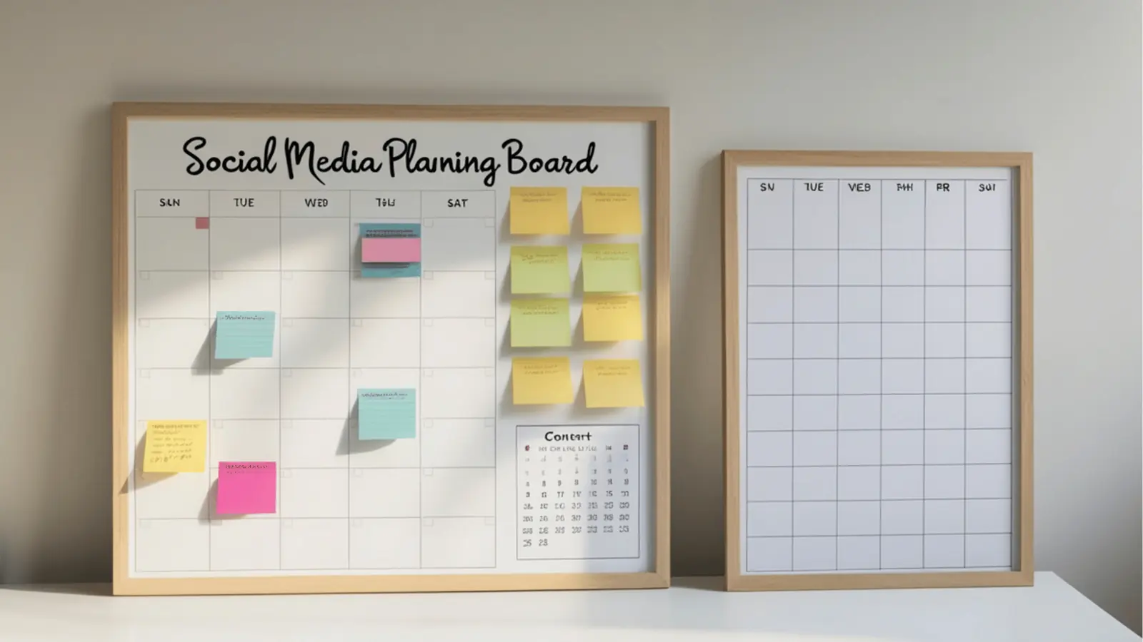 Two framed monthly planning boards with sticky notes and blank calendar grid