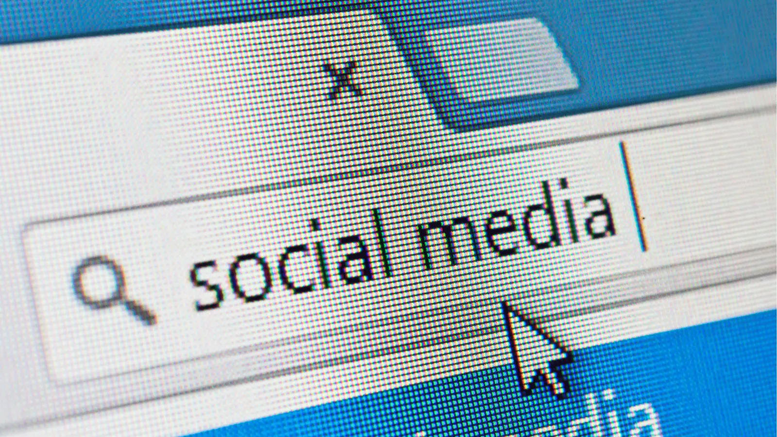 Close-up of computer screen search field showing text 'social media' and cursor for community management