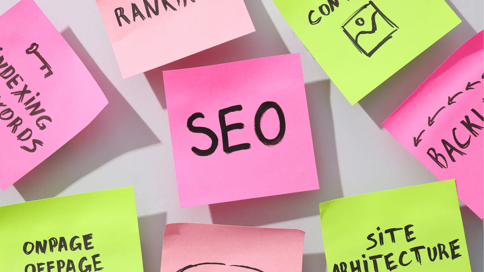 Colorful sticky notes on a wall with SEO and related terms written