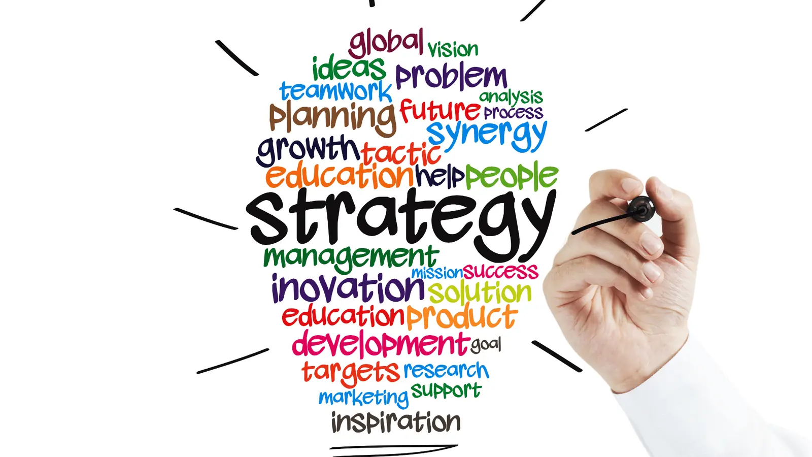 Hand drawing lightbulb shaped word cloud with strategic business terms for publishing