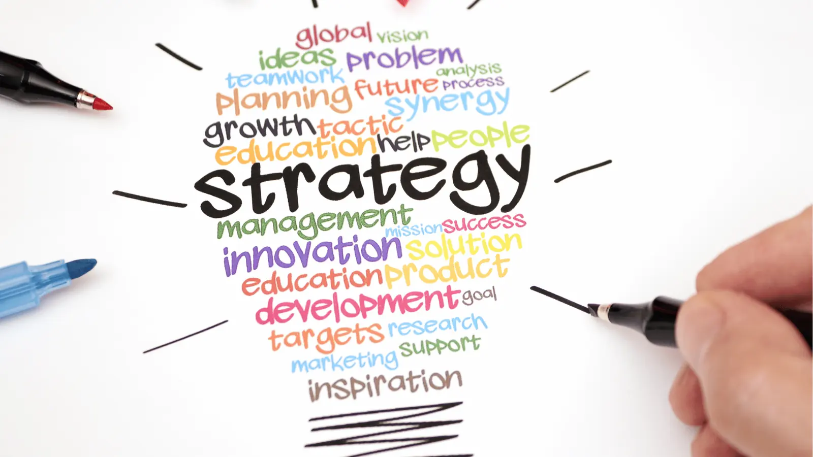 Hand drawing colorful word-cloud lightbulb centered on the word strategy for publishing