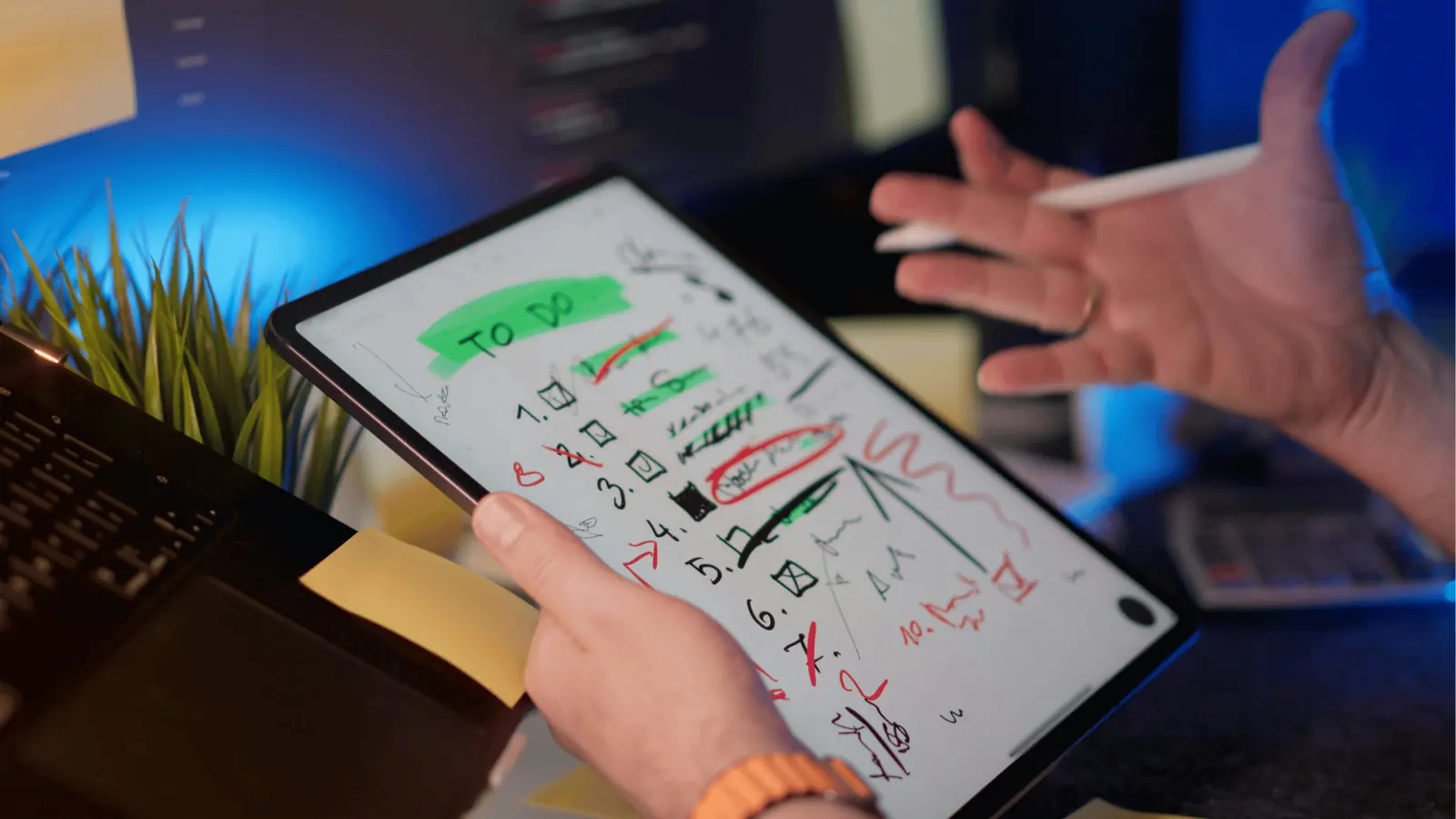 Hands holding a tablet showing a handwritten to-do list with stylus