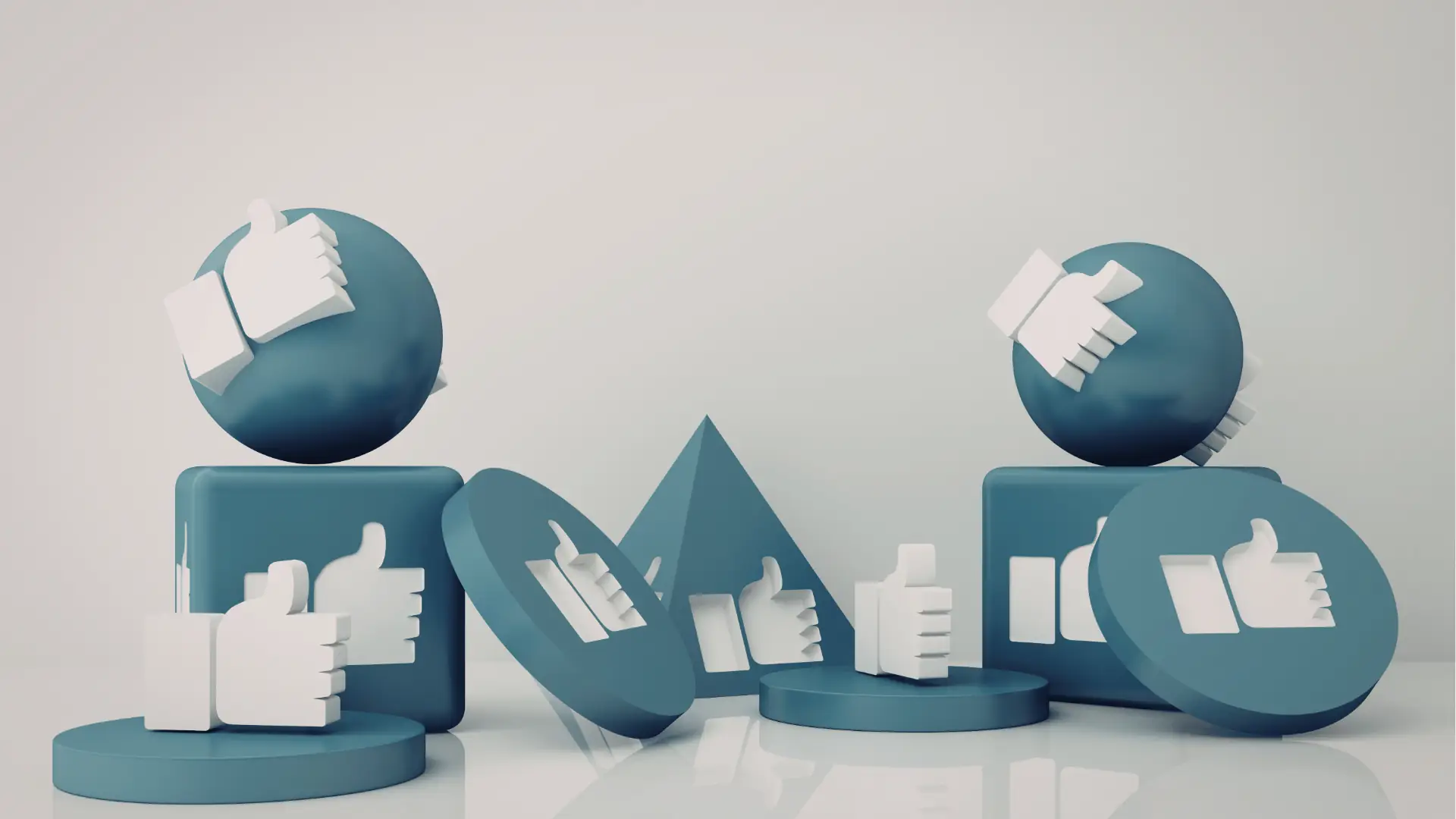 Three-dimensional blue shapes with white thumbs-up icons on neutral background for publishing